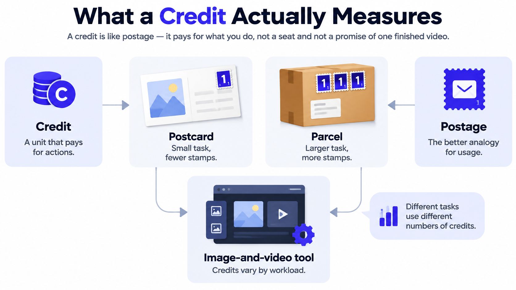 An infographic explaining how credit-based pricing works, comparing credits to postage stamps for different digital tasks.