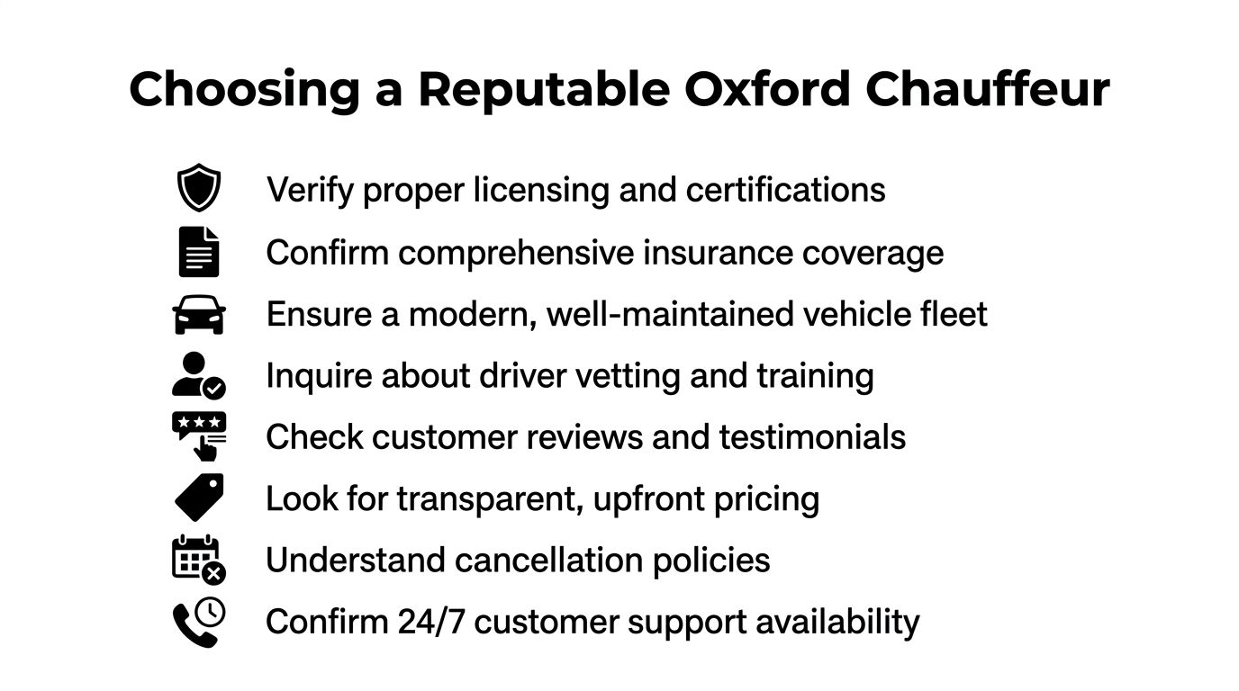 An infographic list outlining eight key tips for choosing a reputable chauffeur service in Oxford.
