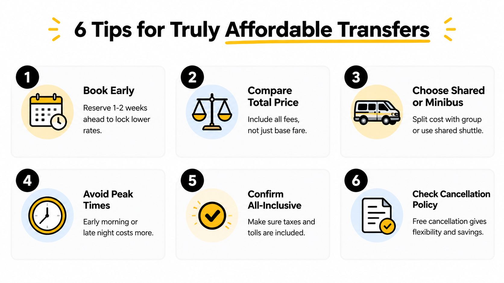 An infographic titled 6 Tips for Truly Affordable Transfers offering advice on saving money on transport services.