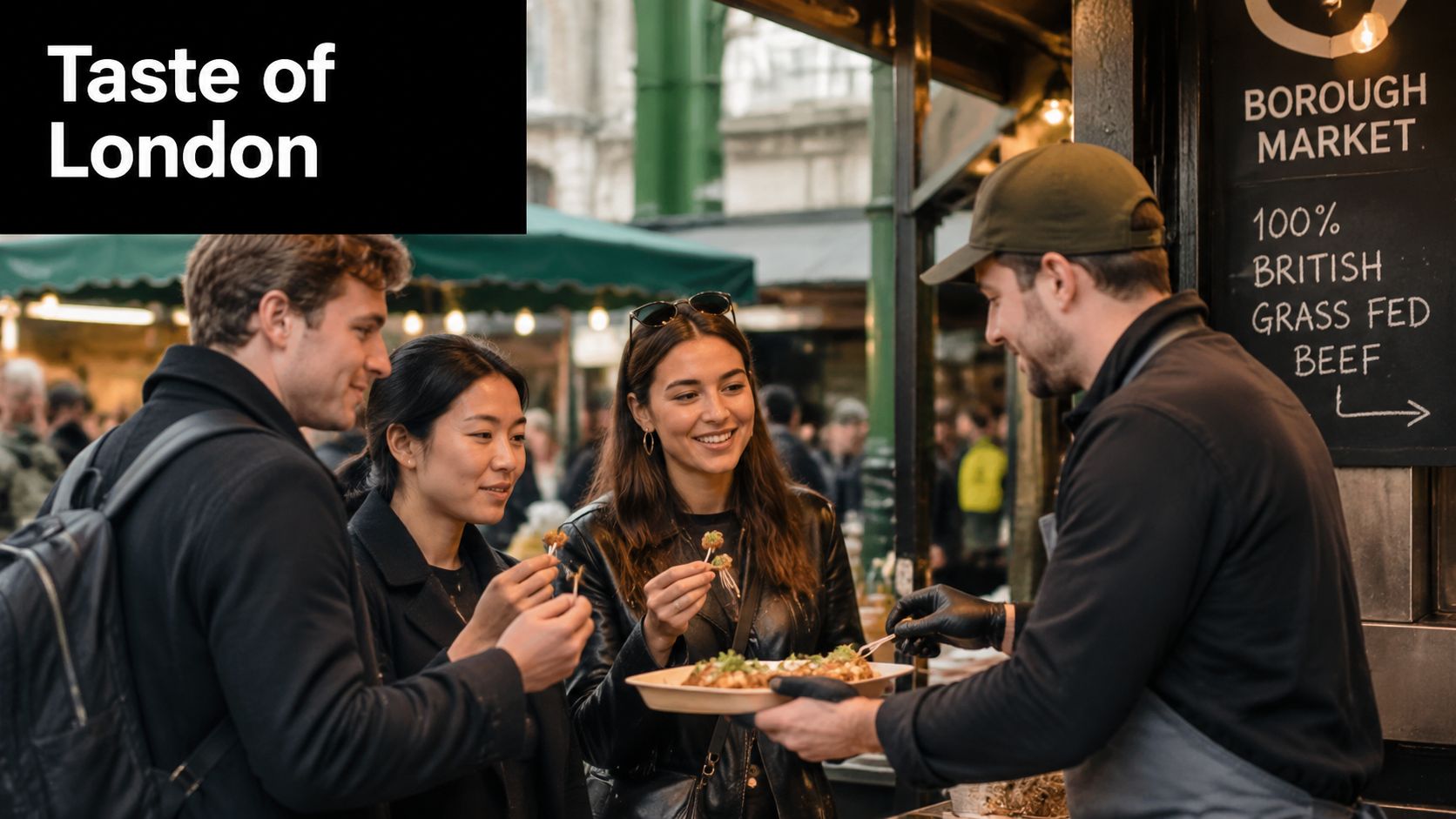 A friendly vendor at Borough Market offers gourmet food samples to happy tourists in London.