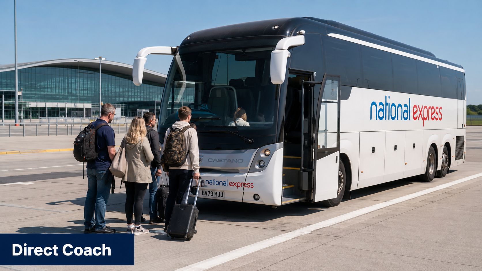 Passengers boarding a National Express coach at an airport terminal for transportation services.