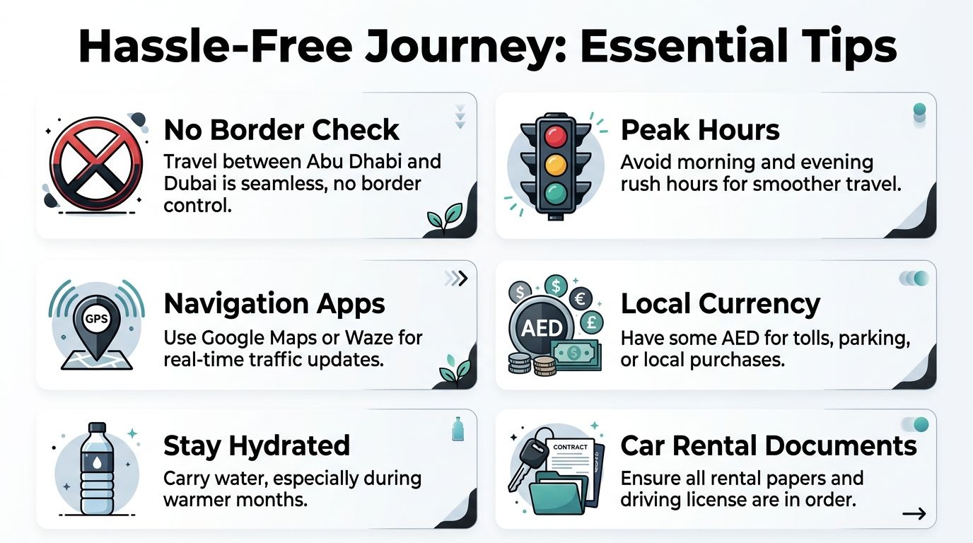 A travel infographic showing six essential tips for a hassle-free journey between Abu Dhabi and Dubai.