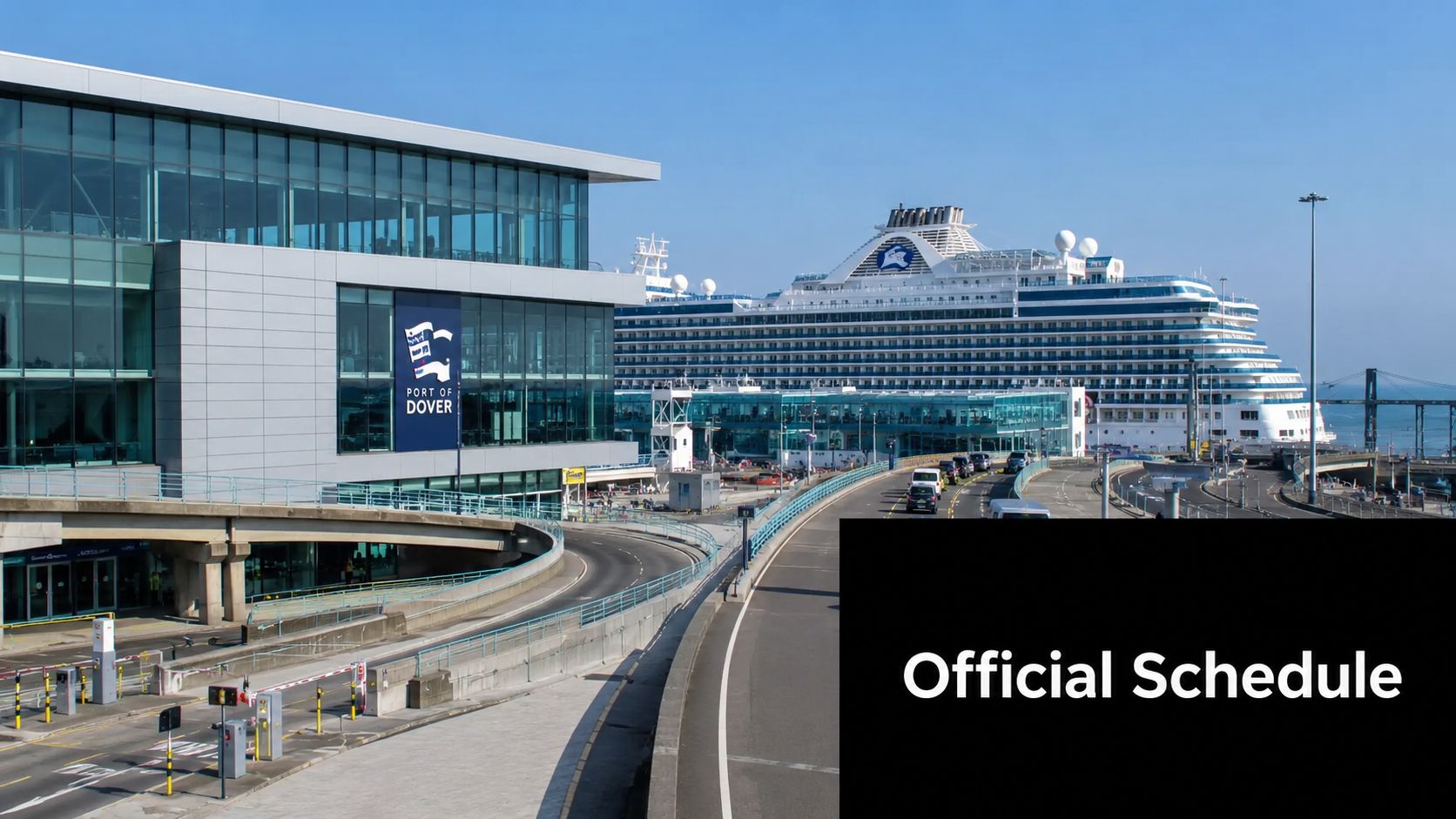 A modern cruise ship terminal building at the Port of Dover with a large cruise liner docked.