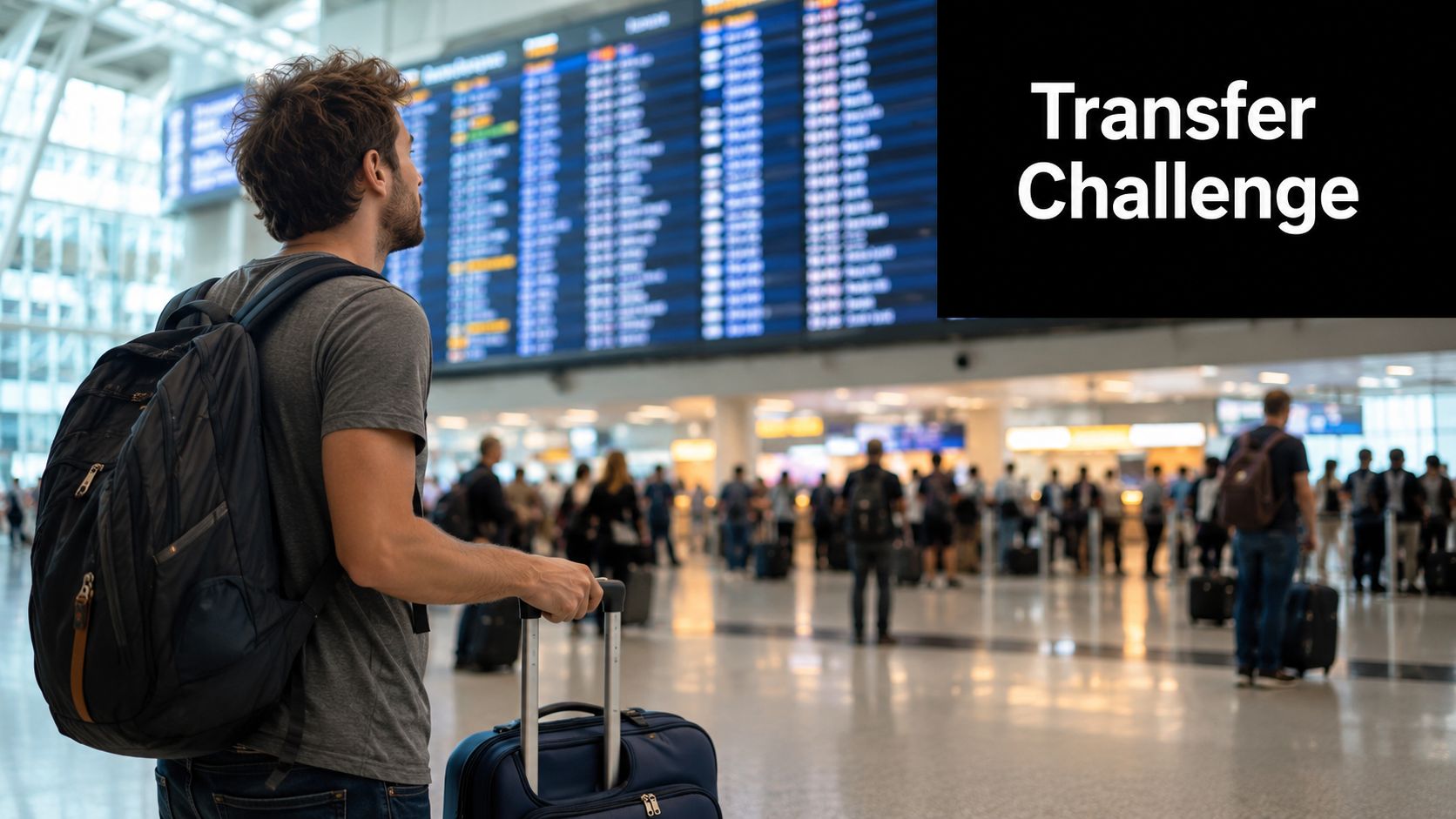 A traveler with a backpack and suitcase standing in an airport terminal looking at departure board