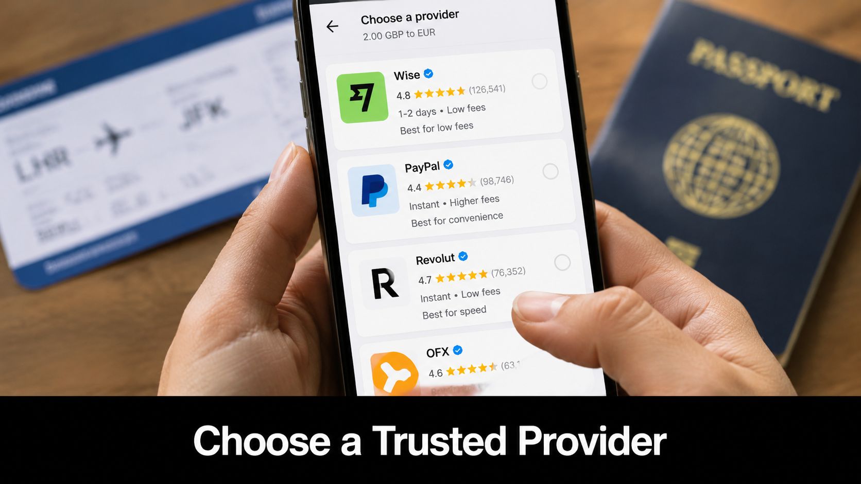 A person holding a smartphone showing a currency exchange provider selection app next to a passport.
