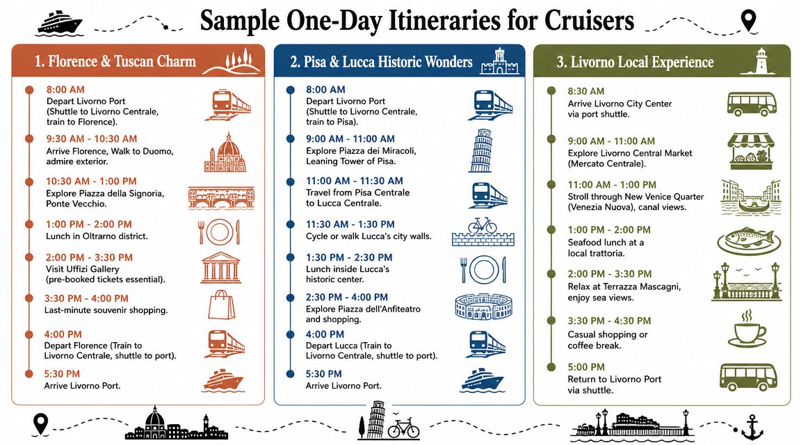A travel infographic showing three distinct one-day shore excursion itineraries for cruise passengers visiting Livorno, Italy.