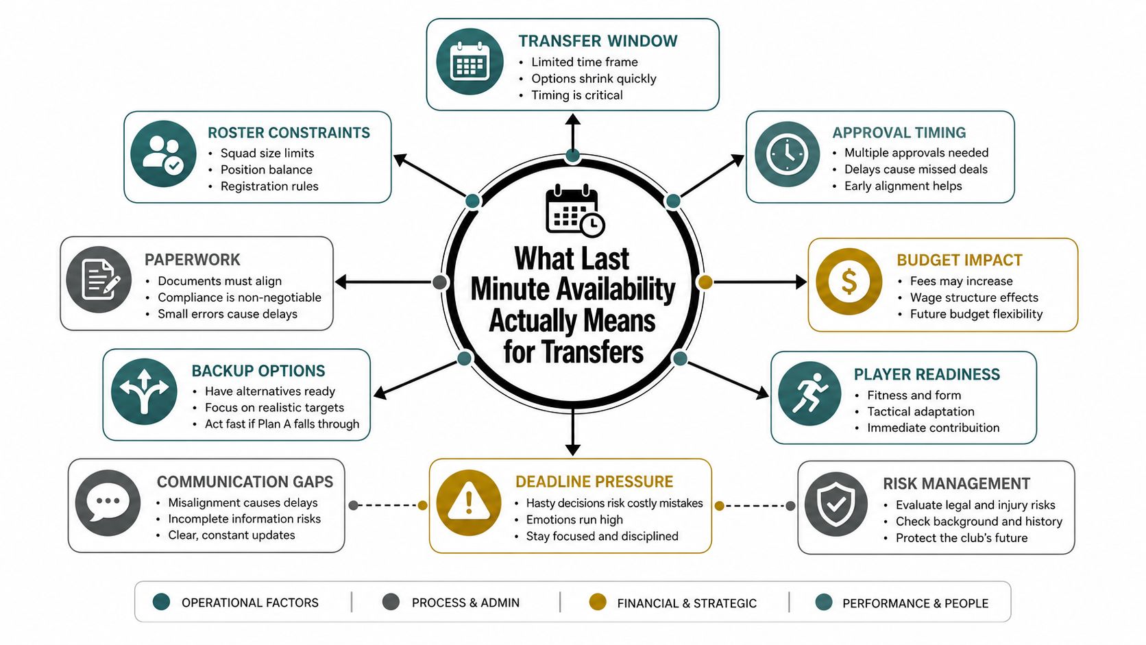 A diagram outlining key factors like operational, process, financial, and strategic considerations for last minute transfer availability.