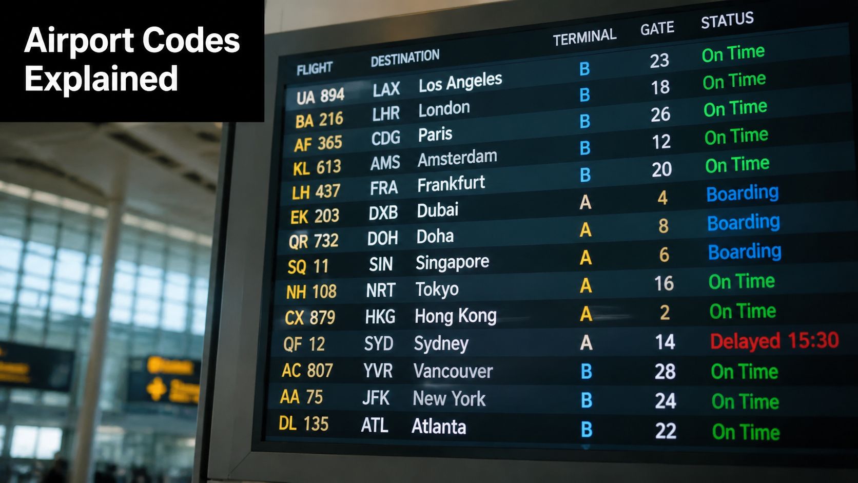 A digital flight information display board at an airport showing various flight destinations, terminal, and gate details.