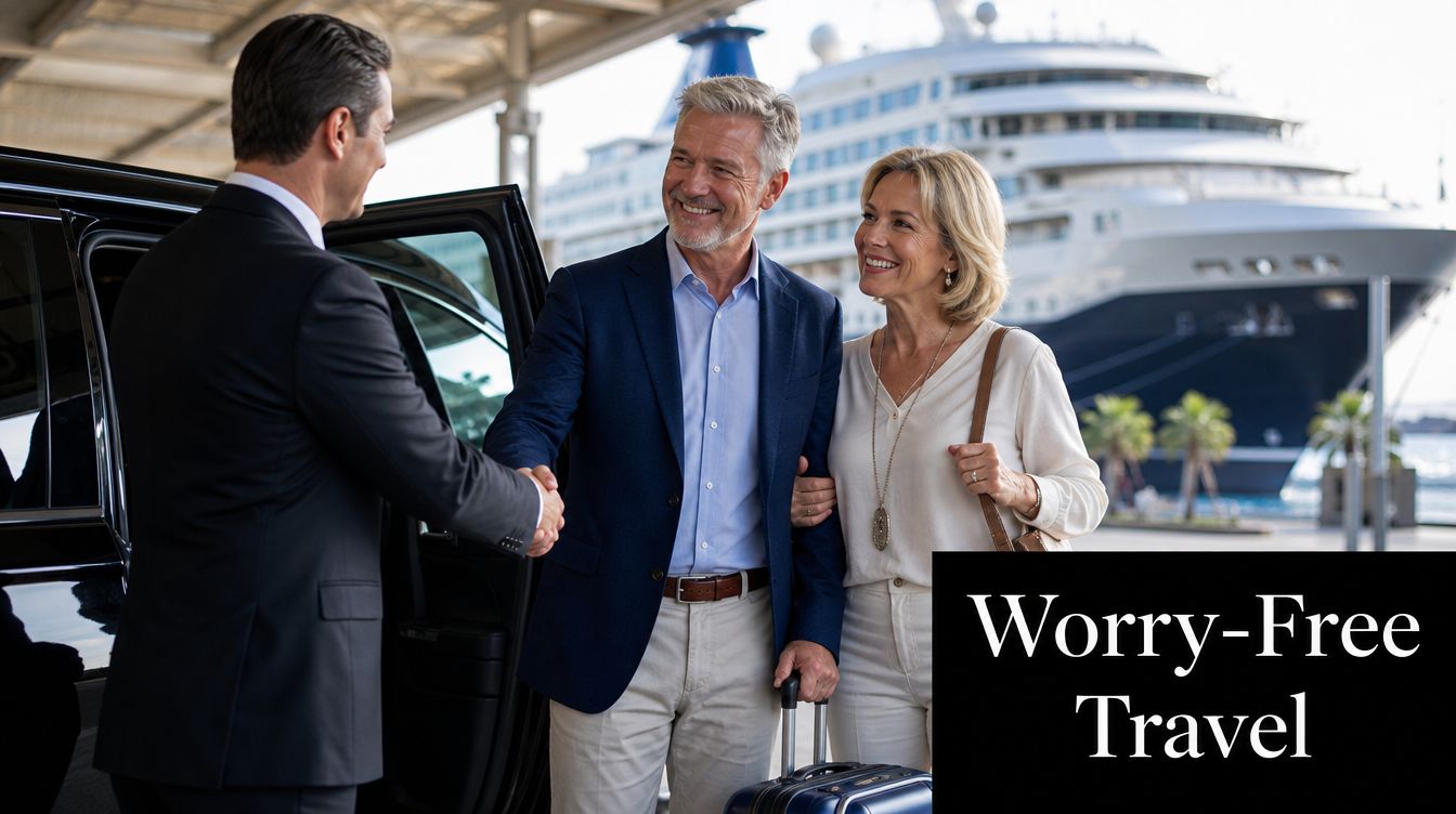A professional chauffeur shakes hands with an older couple as they arrive for their luxury cruise vacation.