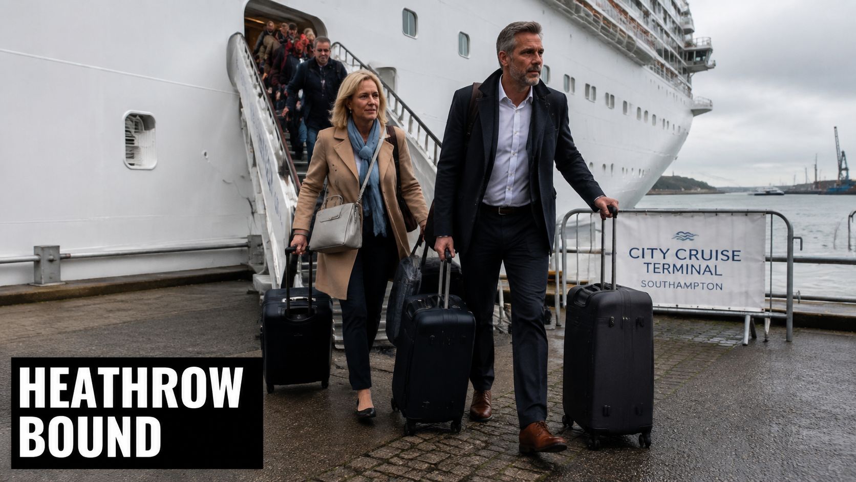 A couple walking away from a cruise ship at Southampton City Cruise Terminal with their suitcases.