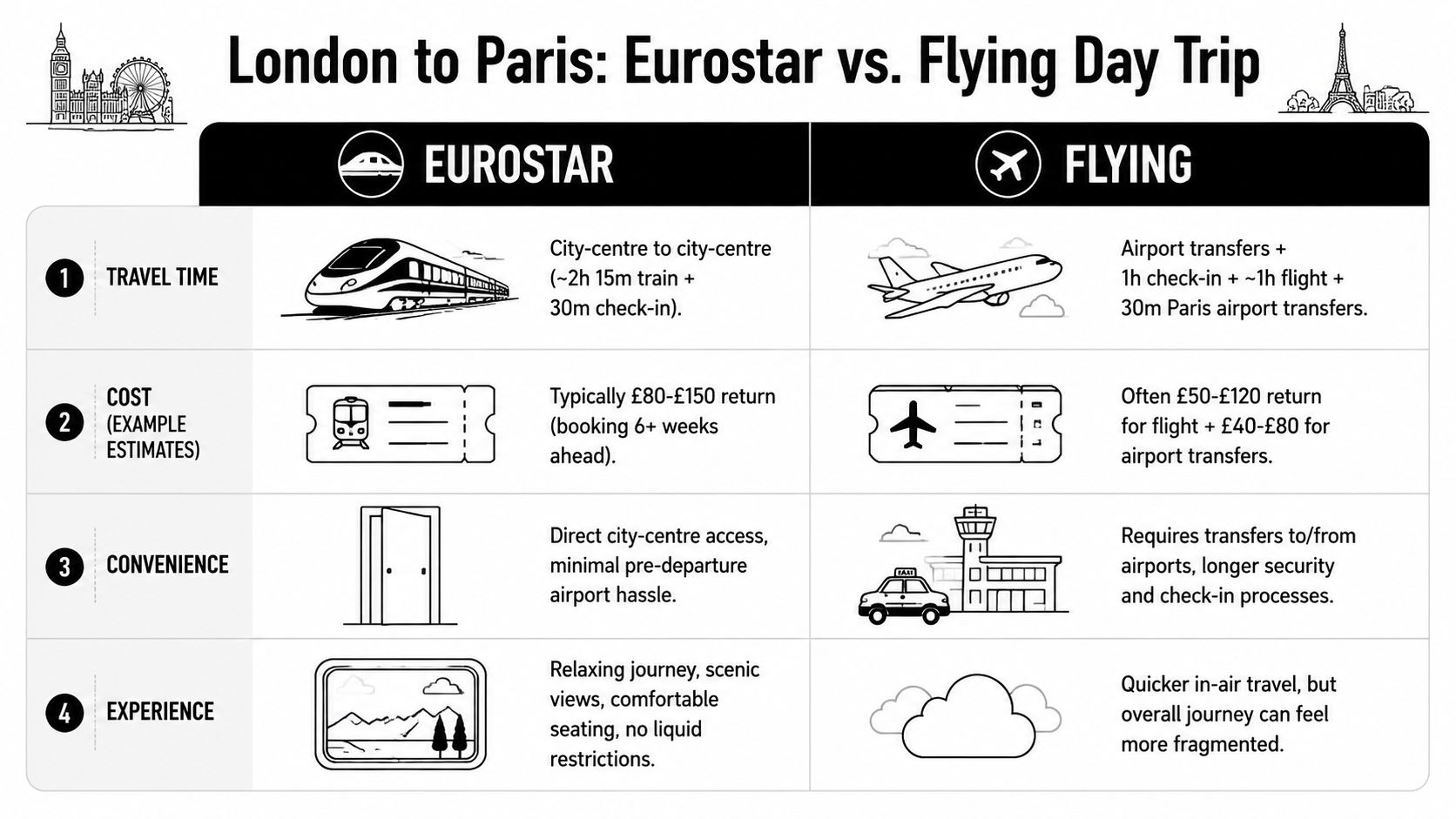 A comparison chart showing the differences between Eurostar train travel and flying for a London to Paris trip.