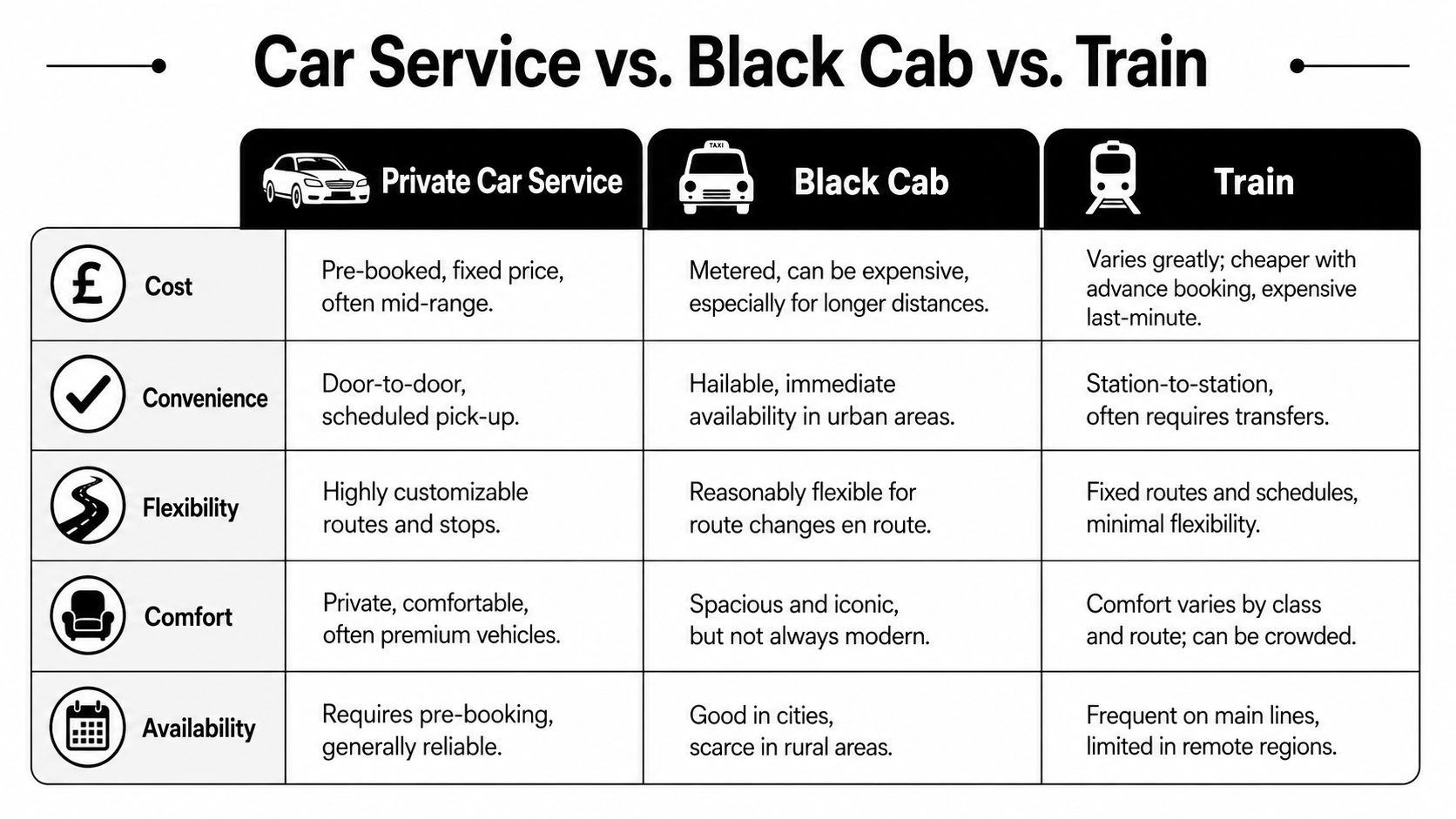 A comparison chart outlining the costs, convenience, flexibility, comfort, and availability of car services, black cabs, and trains.