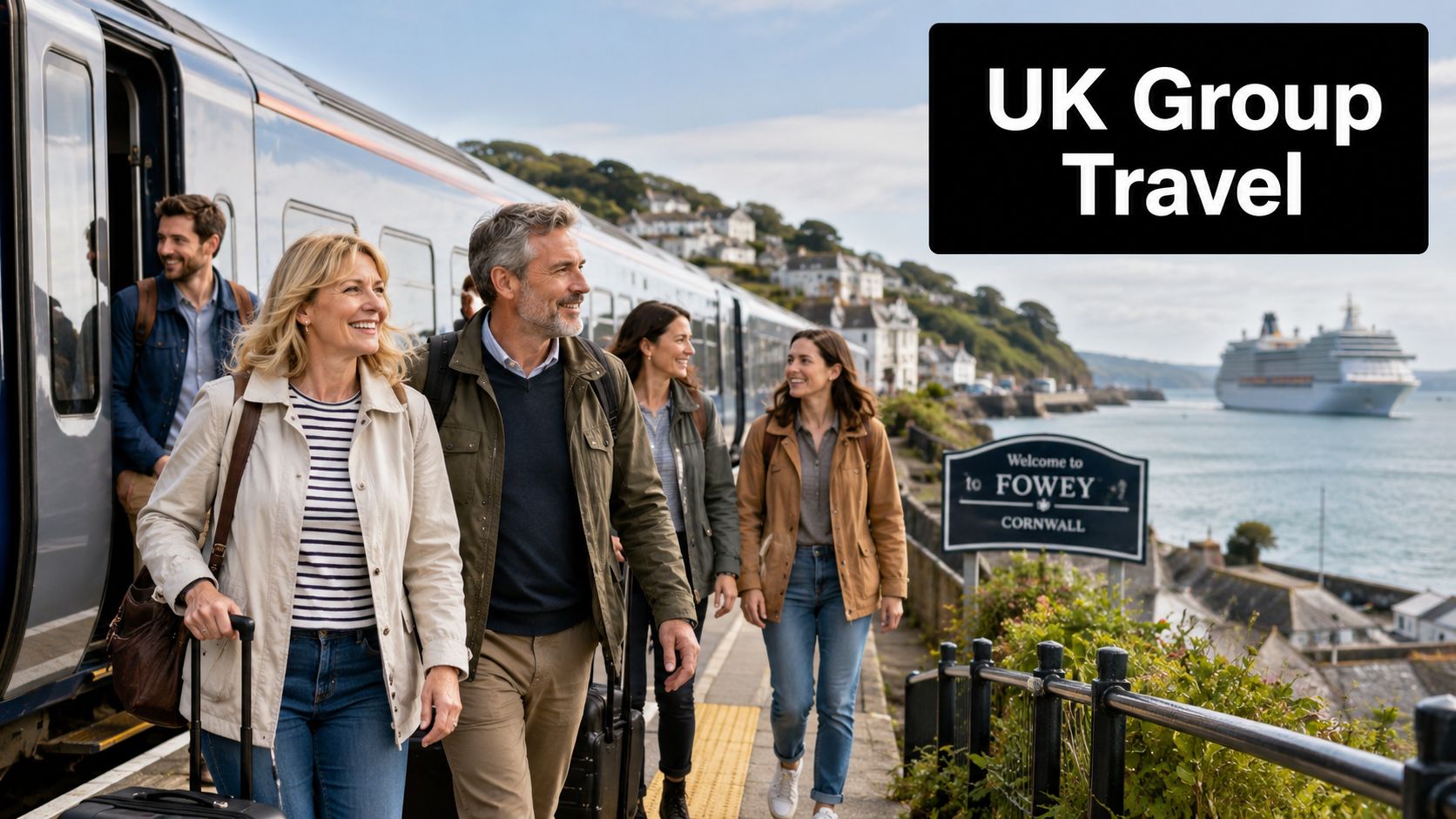 A diverse group of tourists walking along a train platform with a cruise ship in the background.