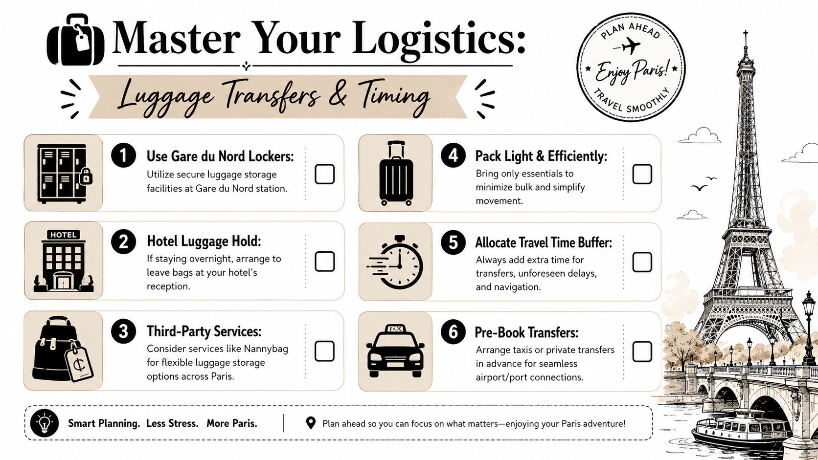 A travel planning infographic offering six tips for managing luggage and transportation logistics during a Paris trip.