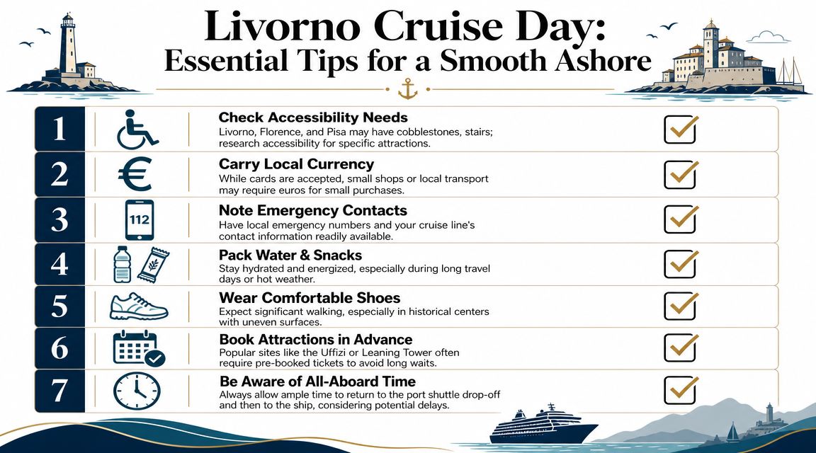 A checklist infographic providing seven essential tips for cruise ship passengers visiting the port of Livorno, Italy.