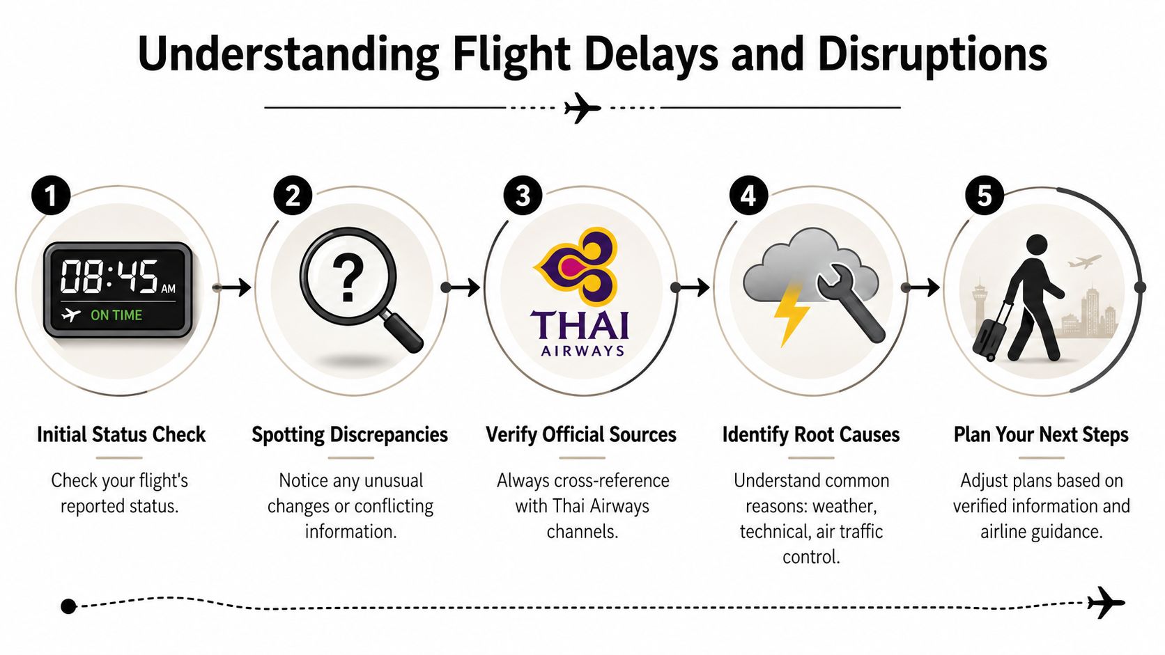 A five-step infographic guide for understanding and managing flight delays and disruptions with Thai Airways.