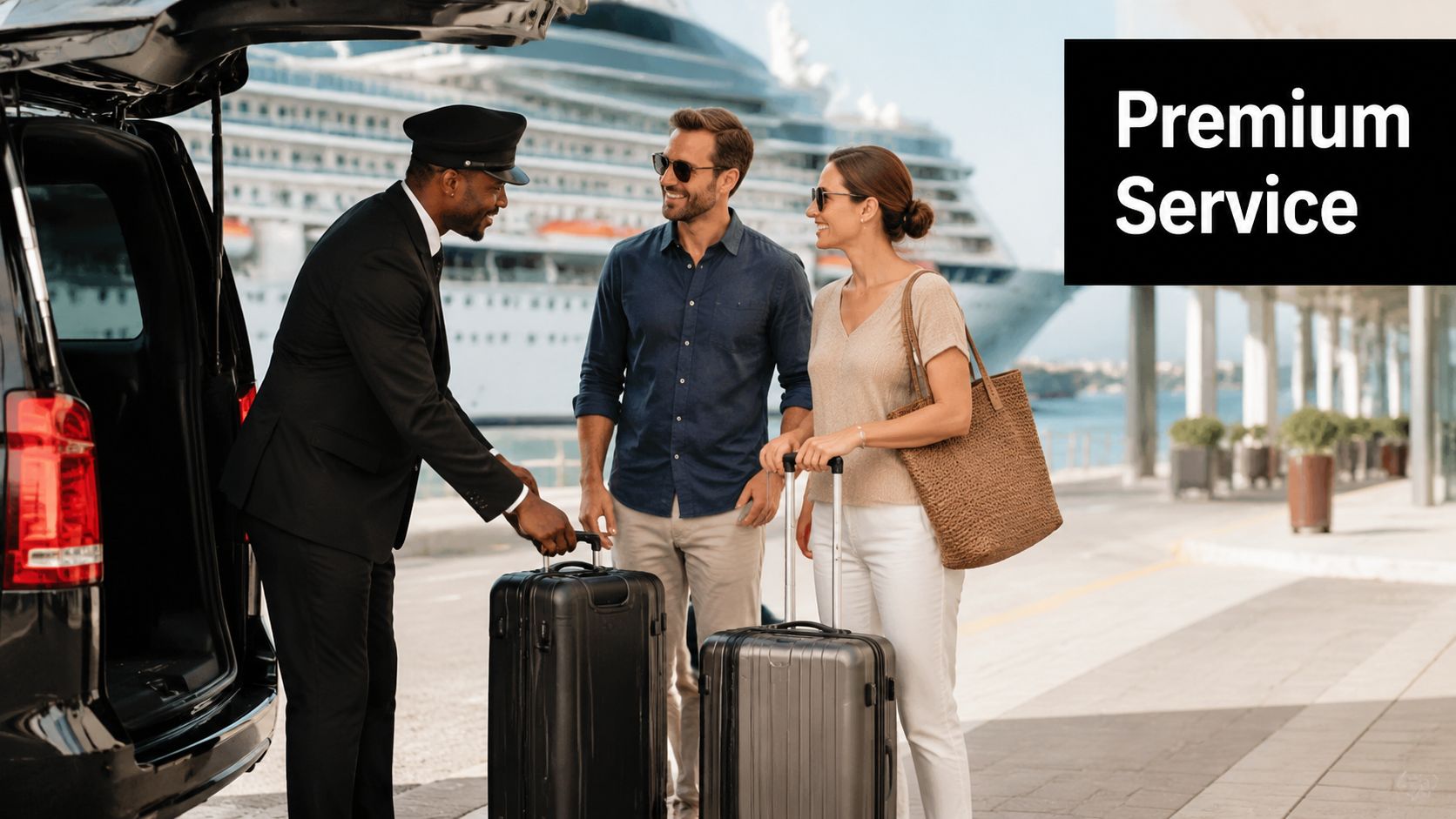 A professional chauffeur loading luggage into a luxury vehicle near a cruise ship at a port.