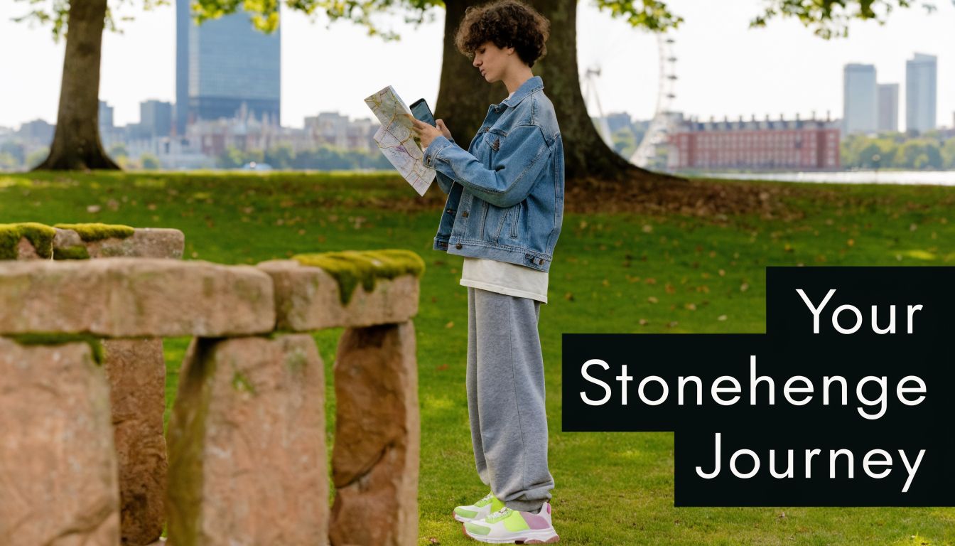A young person with curly hair holding a map and smartphone while standing in a park.