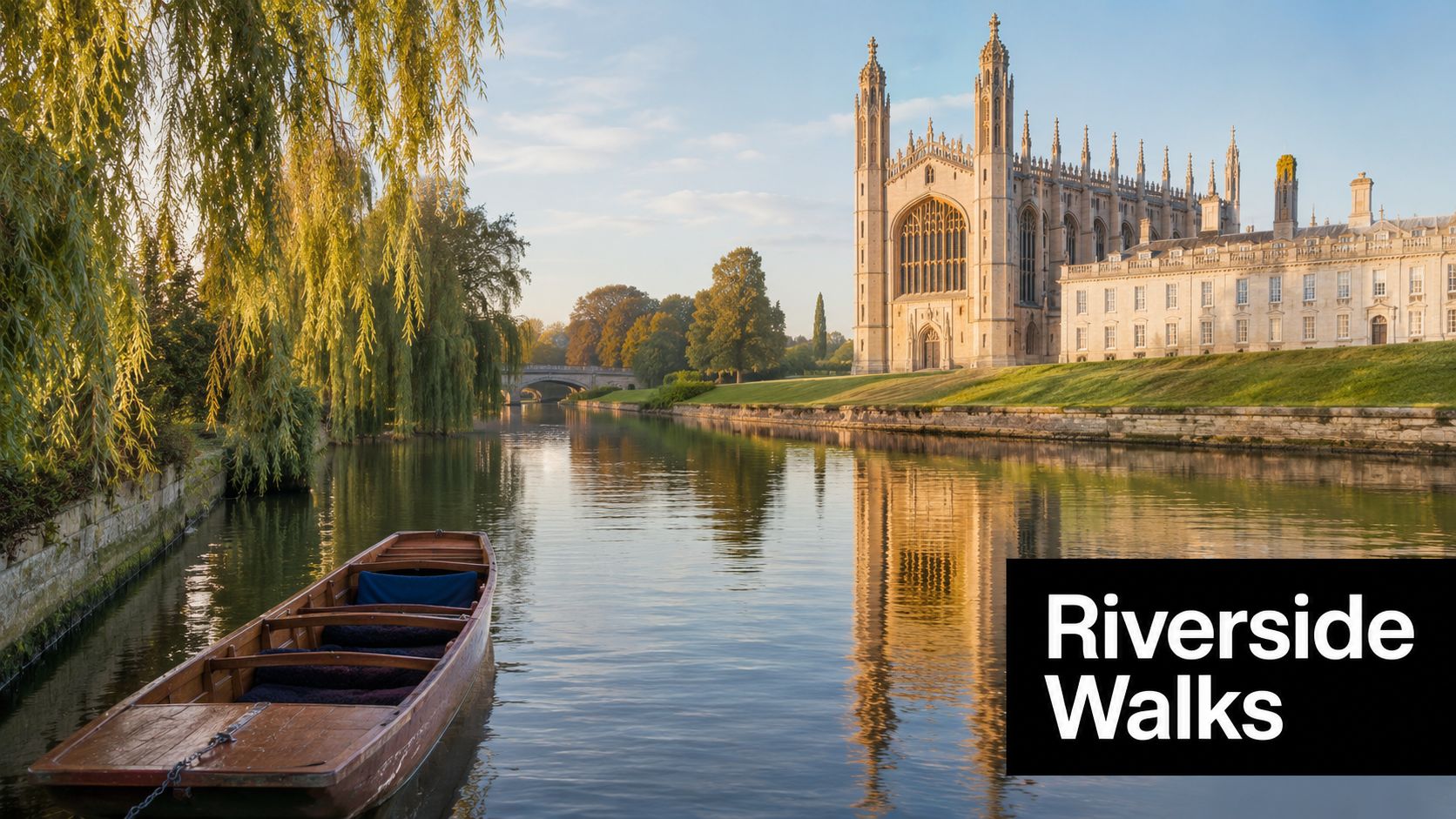 A scenic view of a wooden boat on the River Cam at King's College in Cambridge, England.