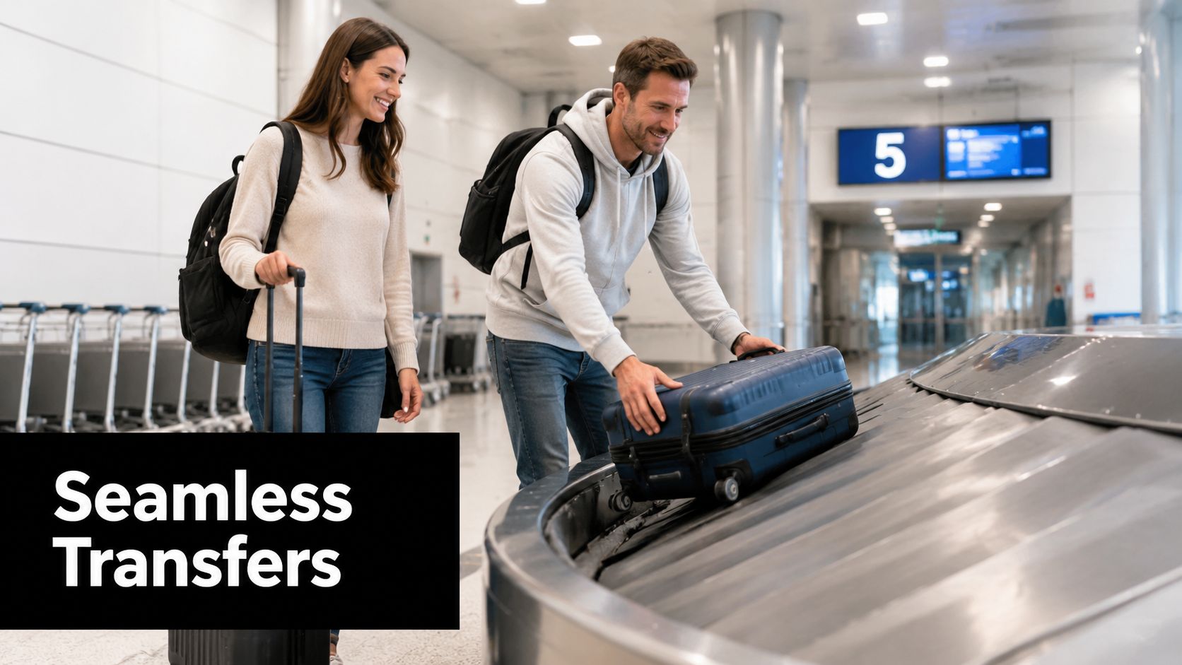 A happy couple collects their blue suitcase from the airport baggage claim conveyor belt in the terminal.