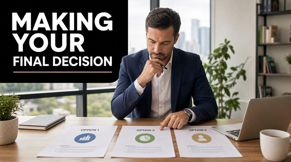 A professional man sitting at a desk, carefully contemplating three different business options on paper documents.
