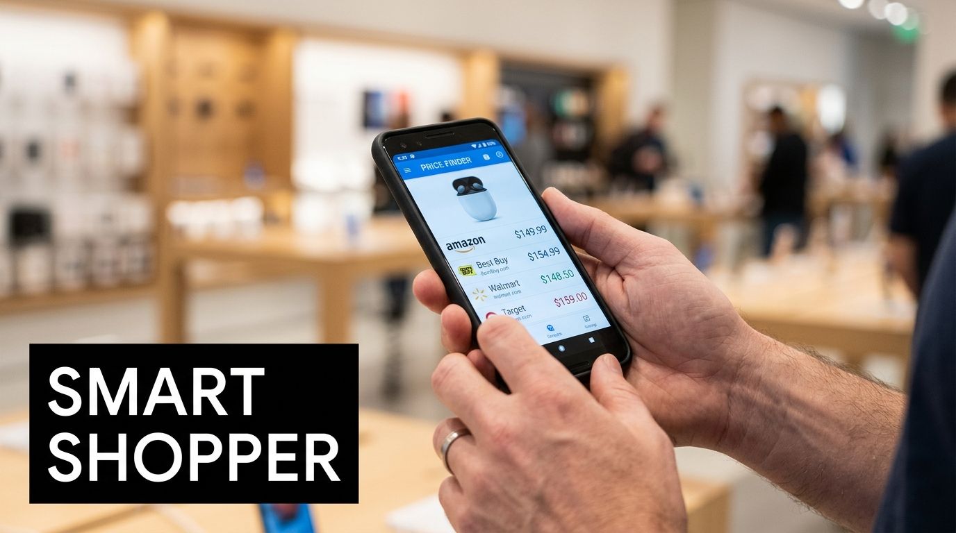 A person uses a mobile phone app to compare product prices at various retailers while shopping in-store.