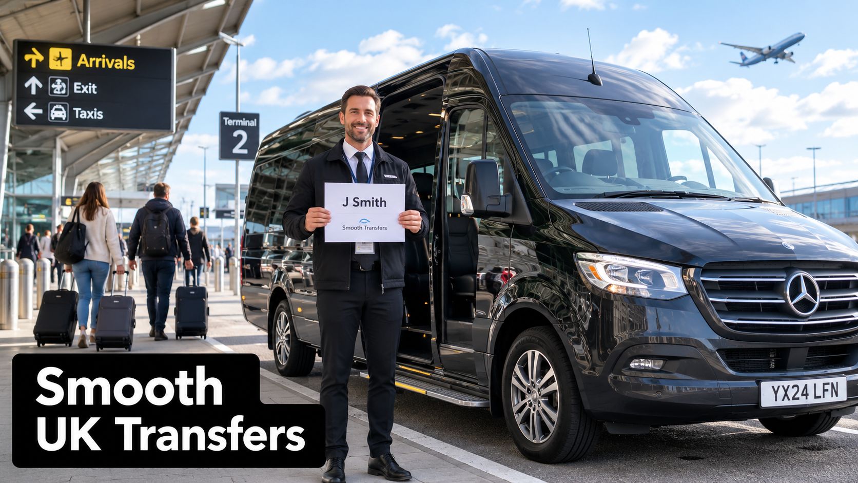 A professional chauffeur holding a sign for J Smith next to a black Mercedes-Benz van at an airport.