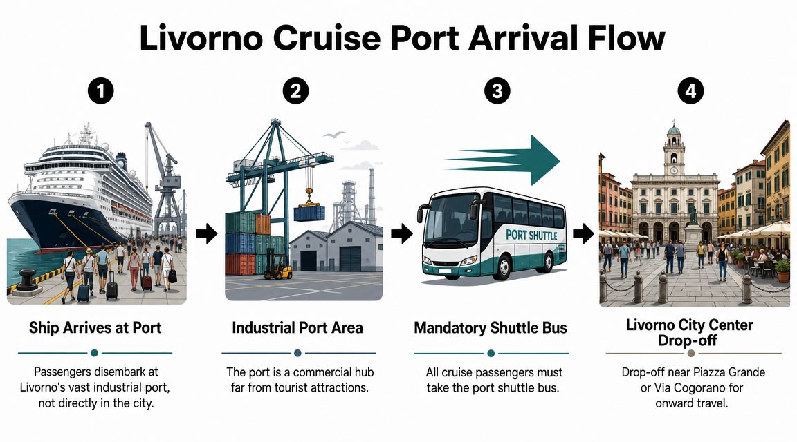 An infographic showing the four-step arrival flow for cruise passengers arriving at the Livorno port in Italy.