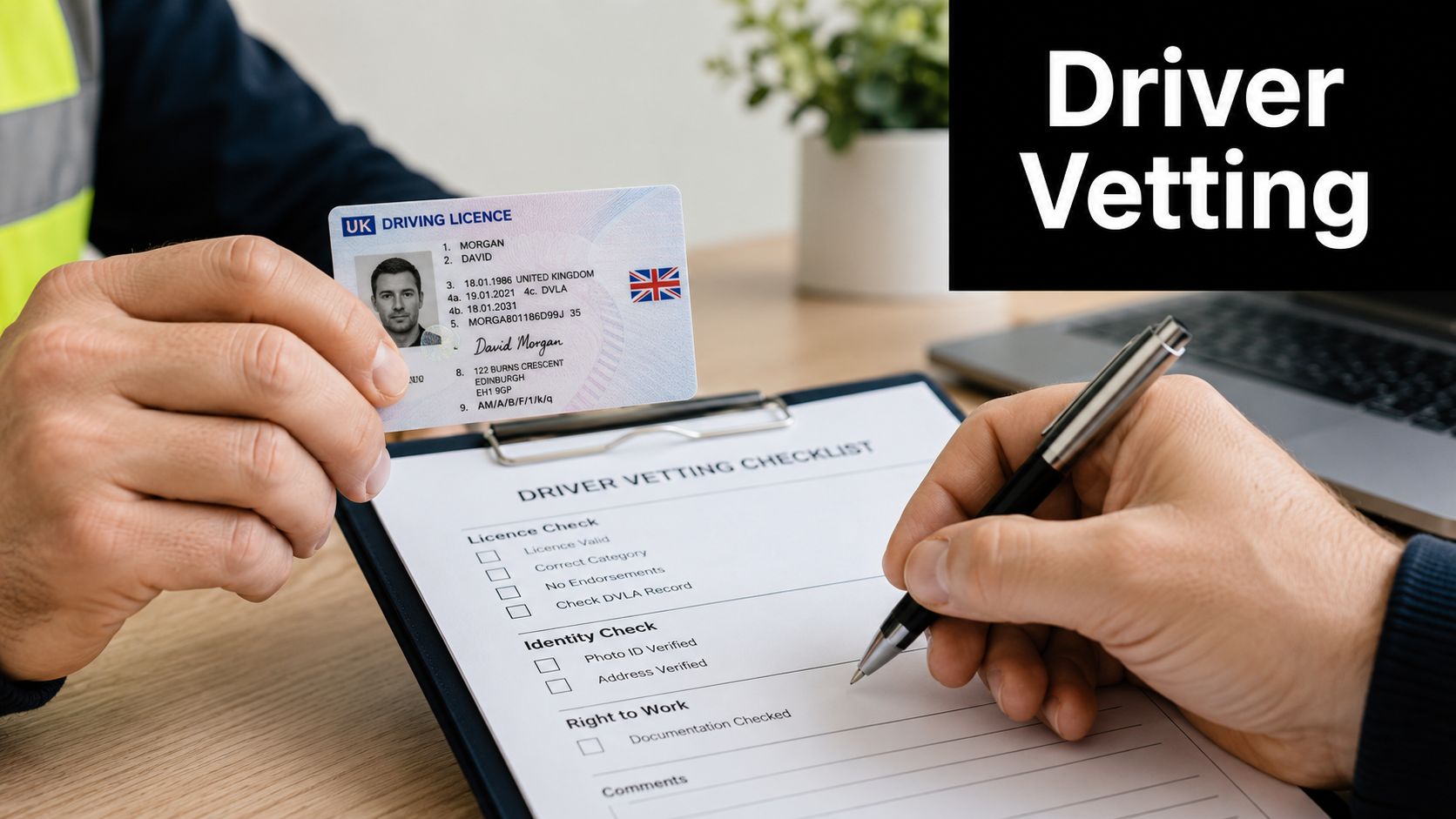 An employer verifying a candidate's UK driving license as part of a formal driver vetting checklist.
