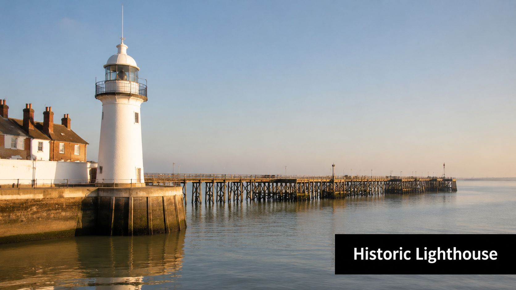 The historic Harwich Low Lighthouse stands beside a long wooden pier extending into the calm sea.