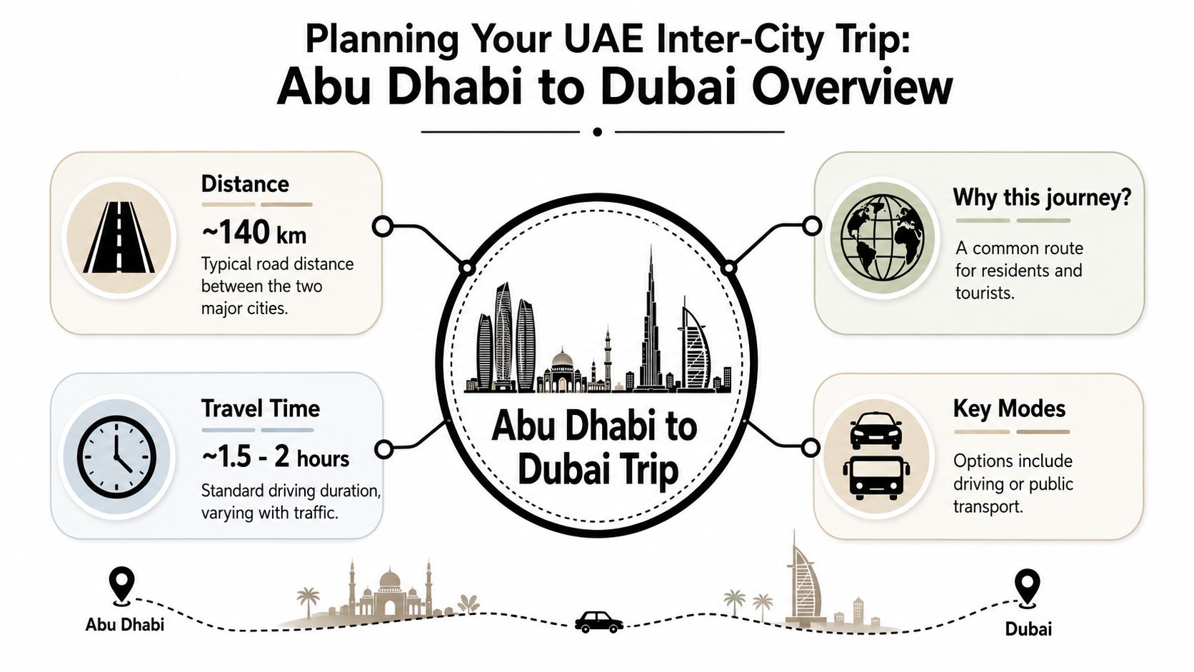An infographic showing the travel distance and time for a trip from Abu Dhabi to Dubai.