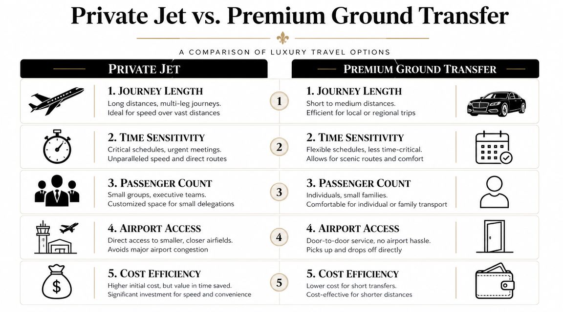 A comparison chart outlining key differences between private jet travel and premium ground transfer services.