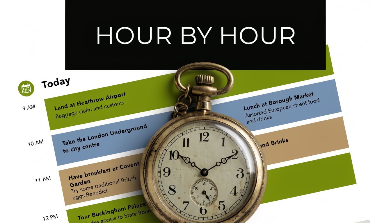 A travel itinerary graphic titled Hour By Hour showing a schedule of activities in London with a pocket watch.