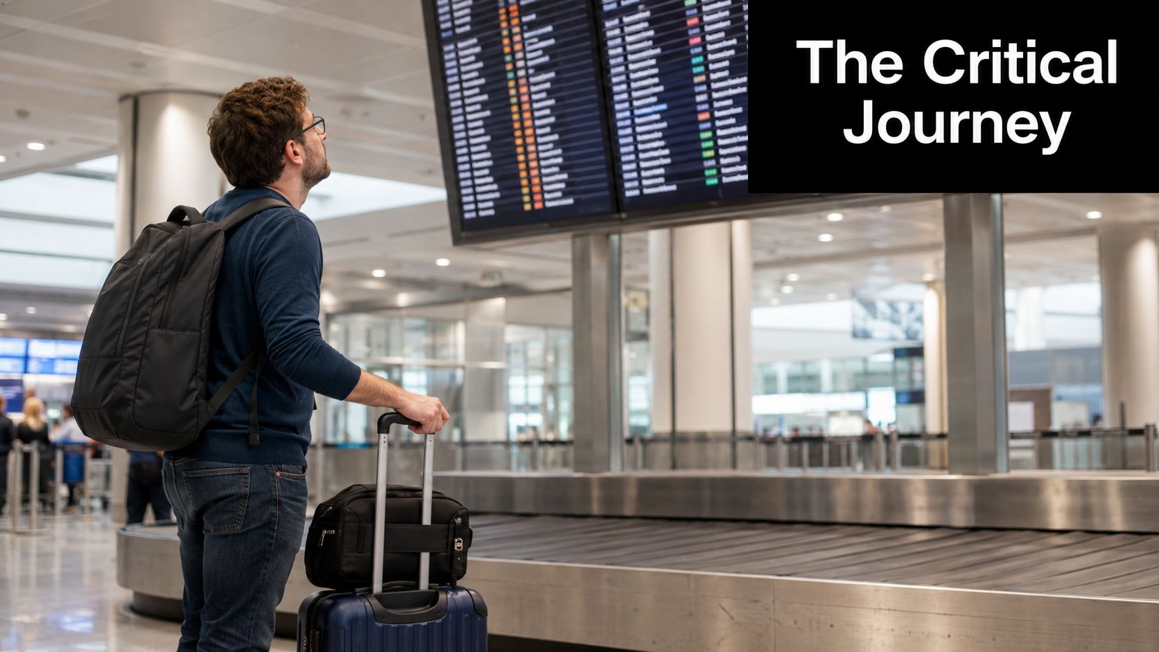 A traveler with a backpack and suitcase looking up at an airport flight information display board.