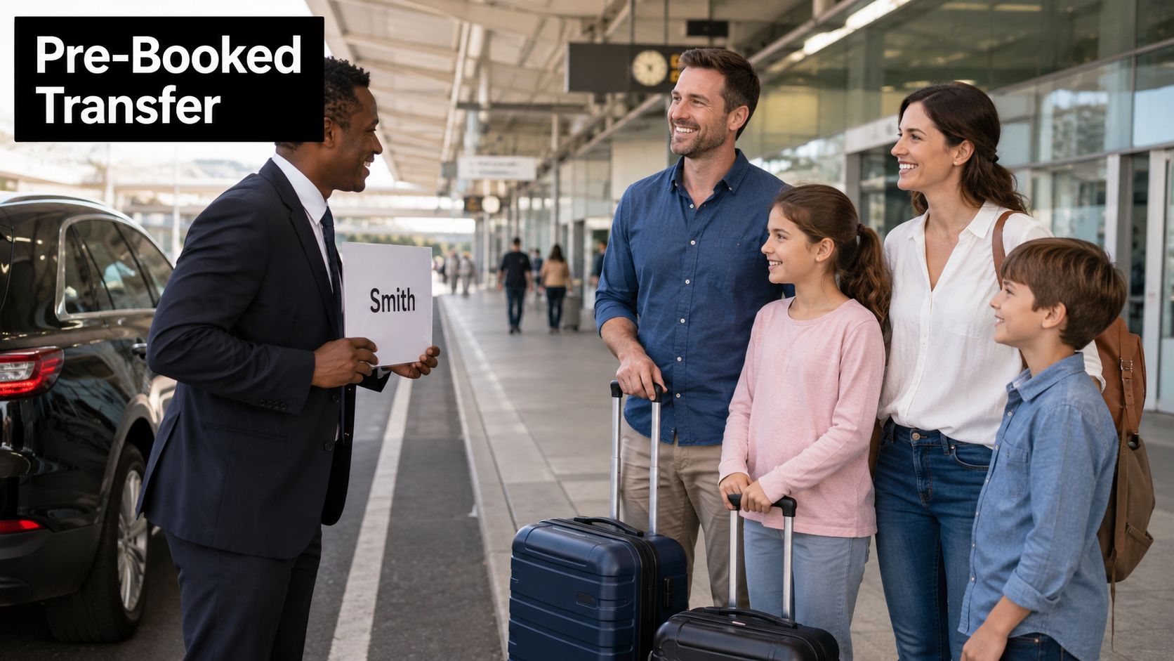 A professional chauffeur greeting a happy family of four with a sign at an airport terminal.