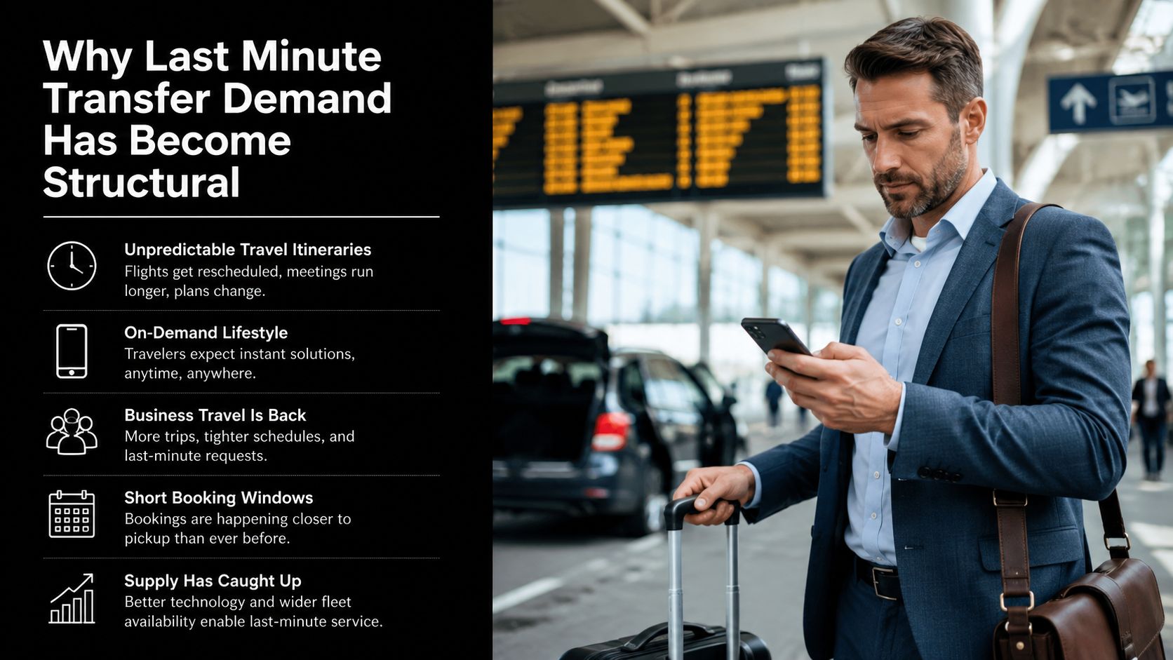 A professional traveler standing in an airport checking his phone with information on last-minute transfer demand structures.