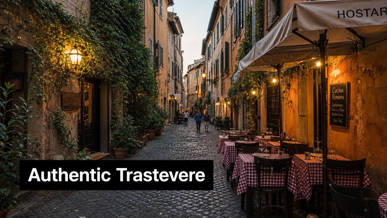 A scenic, cobblestone street in Trastevere, Rome, featuring outdoor dining tables and romantic golden hour lighting.