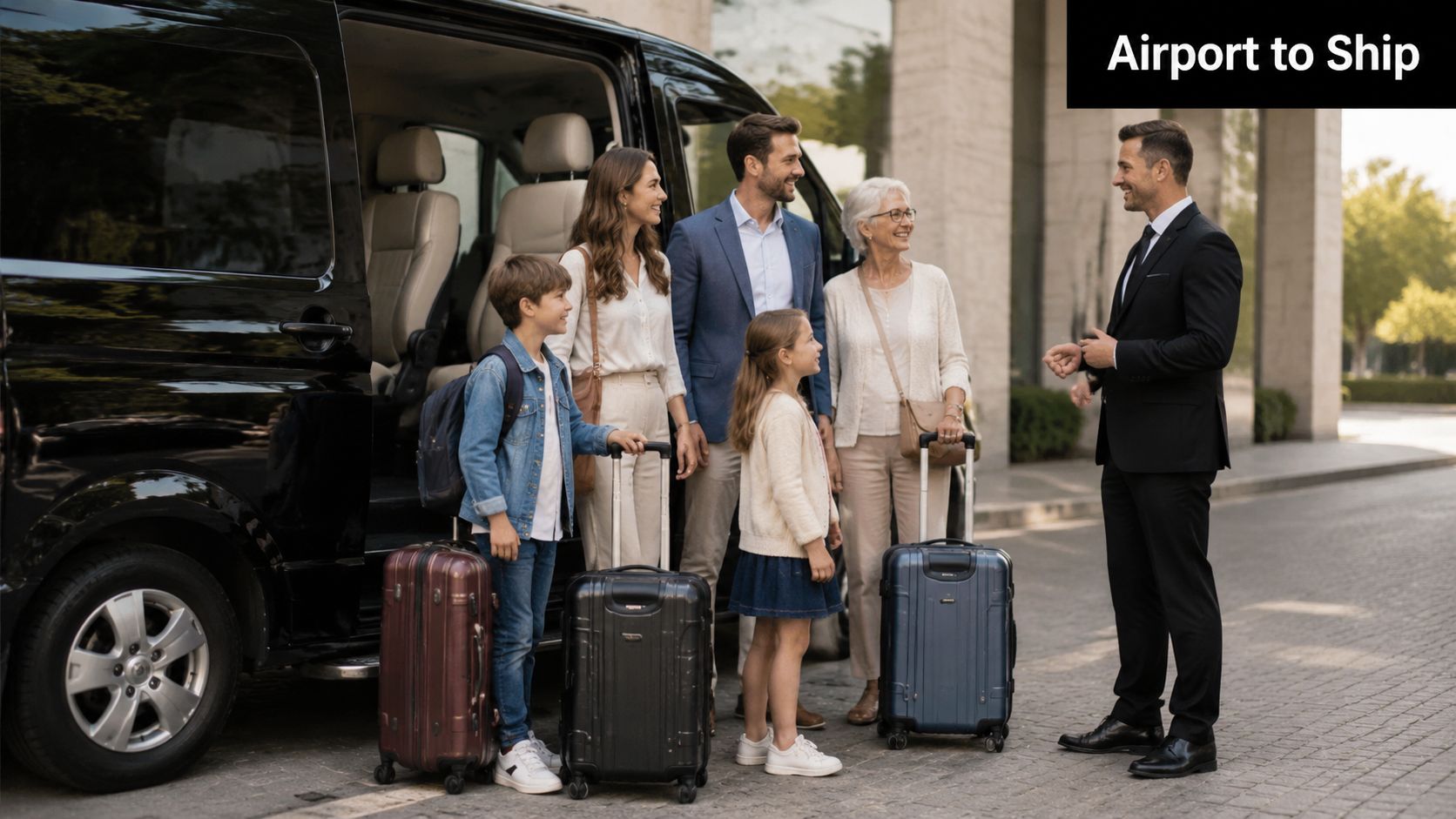 A professional chauffeur greeting a family of four with luggage next to a luxury black van.