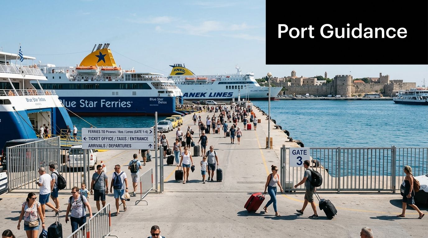Crowd of travelers walking on a pier toward large ferries at the port of Rhodes, Greece.