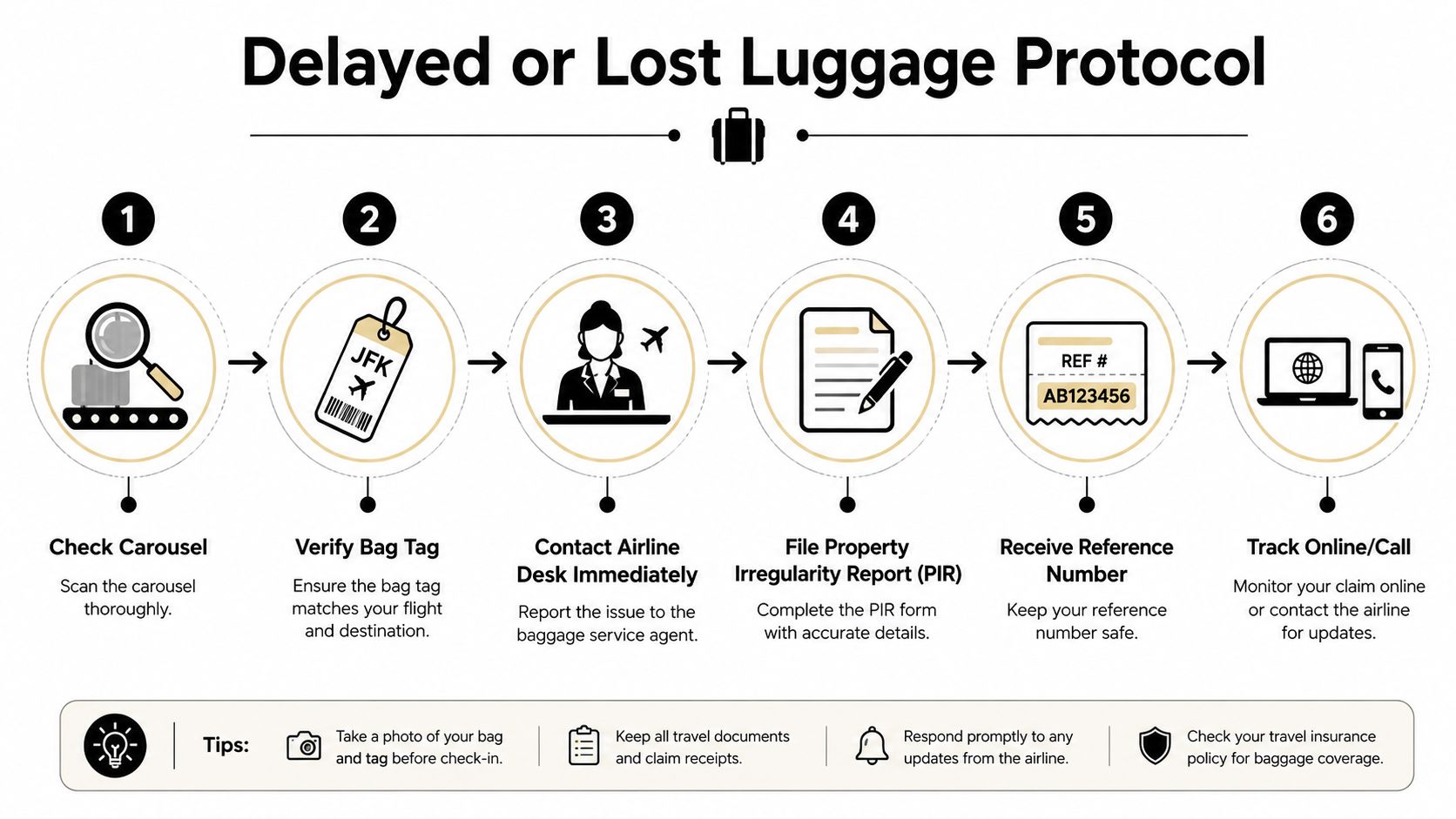 A six-step infographic guide detailing the protocol for reporting and tracking delayed or lost luggage at airports.