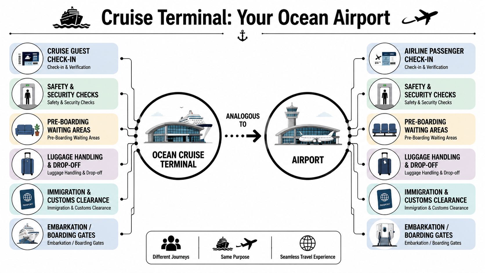 An infographic comparing processes at an ocean cruise terminal and an airport, showing their functional similarities.