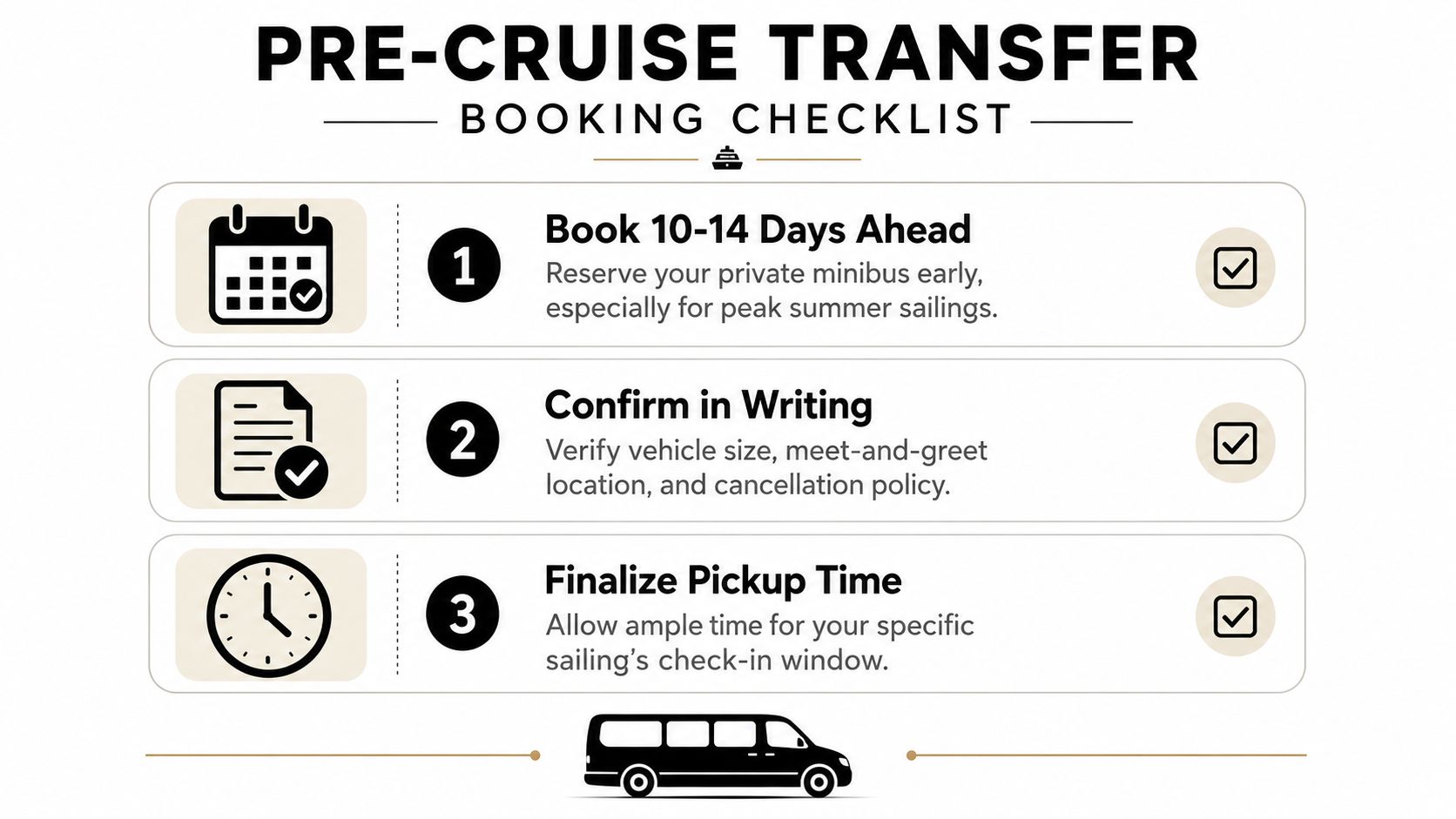 A three-step checklist for booking a pre-cruise transfer including booking early, confirming details, and finalizing times.