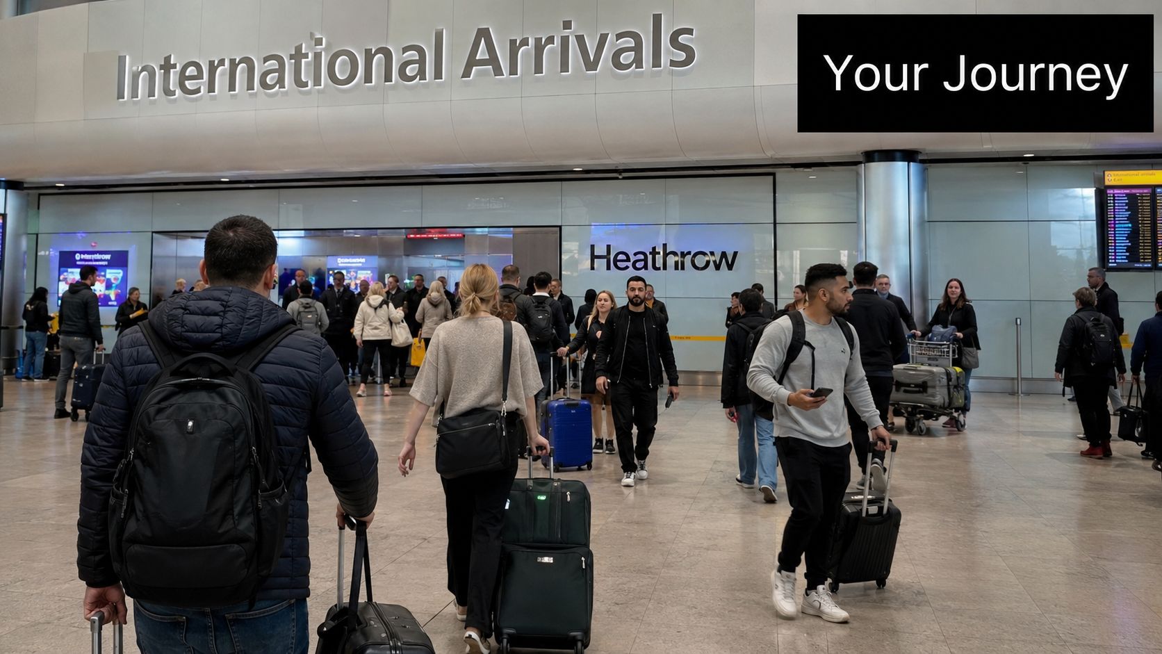 Passengers walking through the international arrivals terminal at Heathrow Airport in London with luggage.