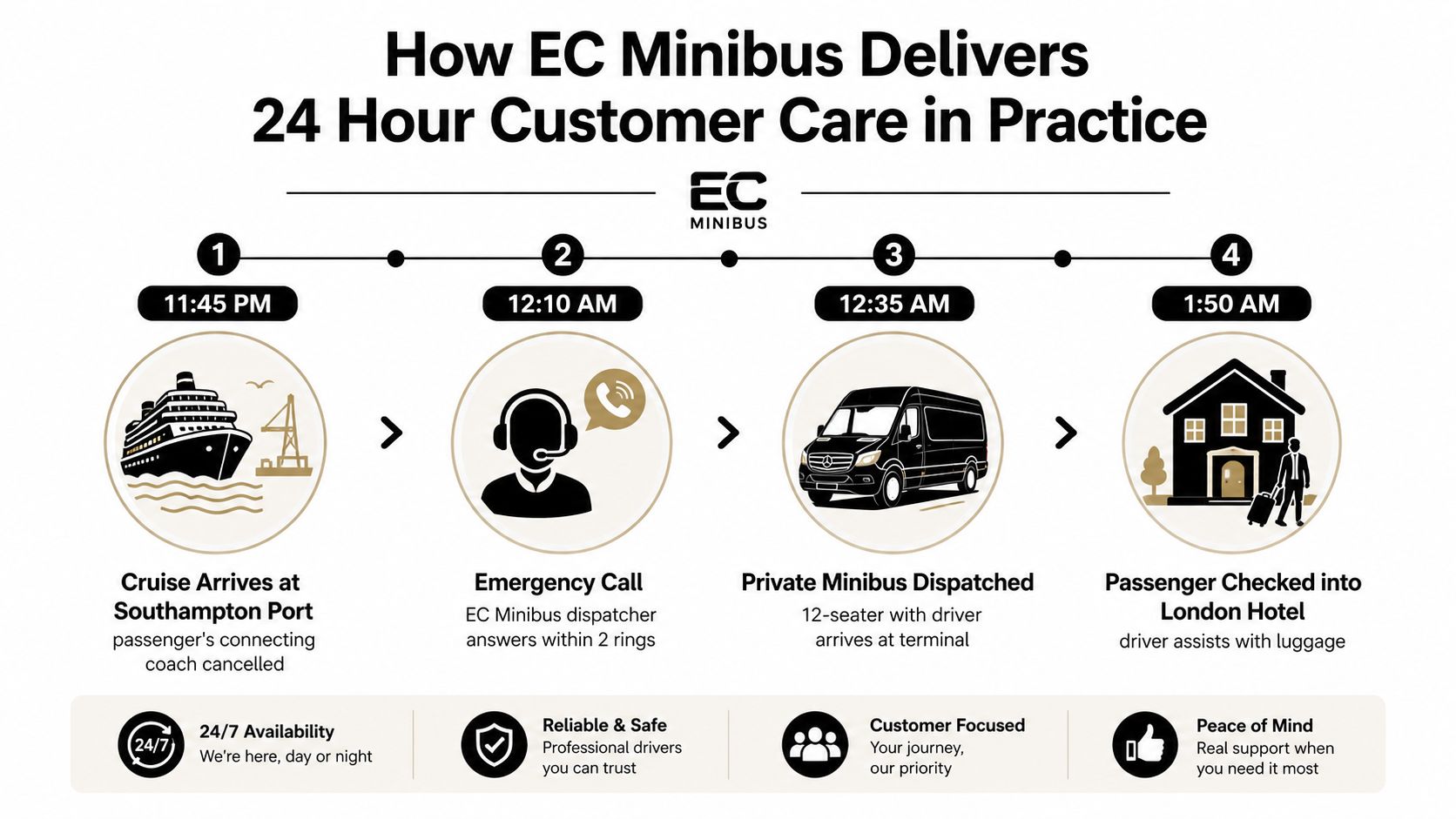 A process flow chart illustrating how EC Minibus provides 24-hour customer care to passengers in emergency situations.