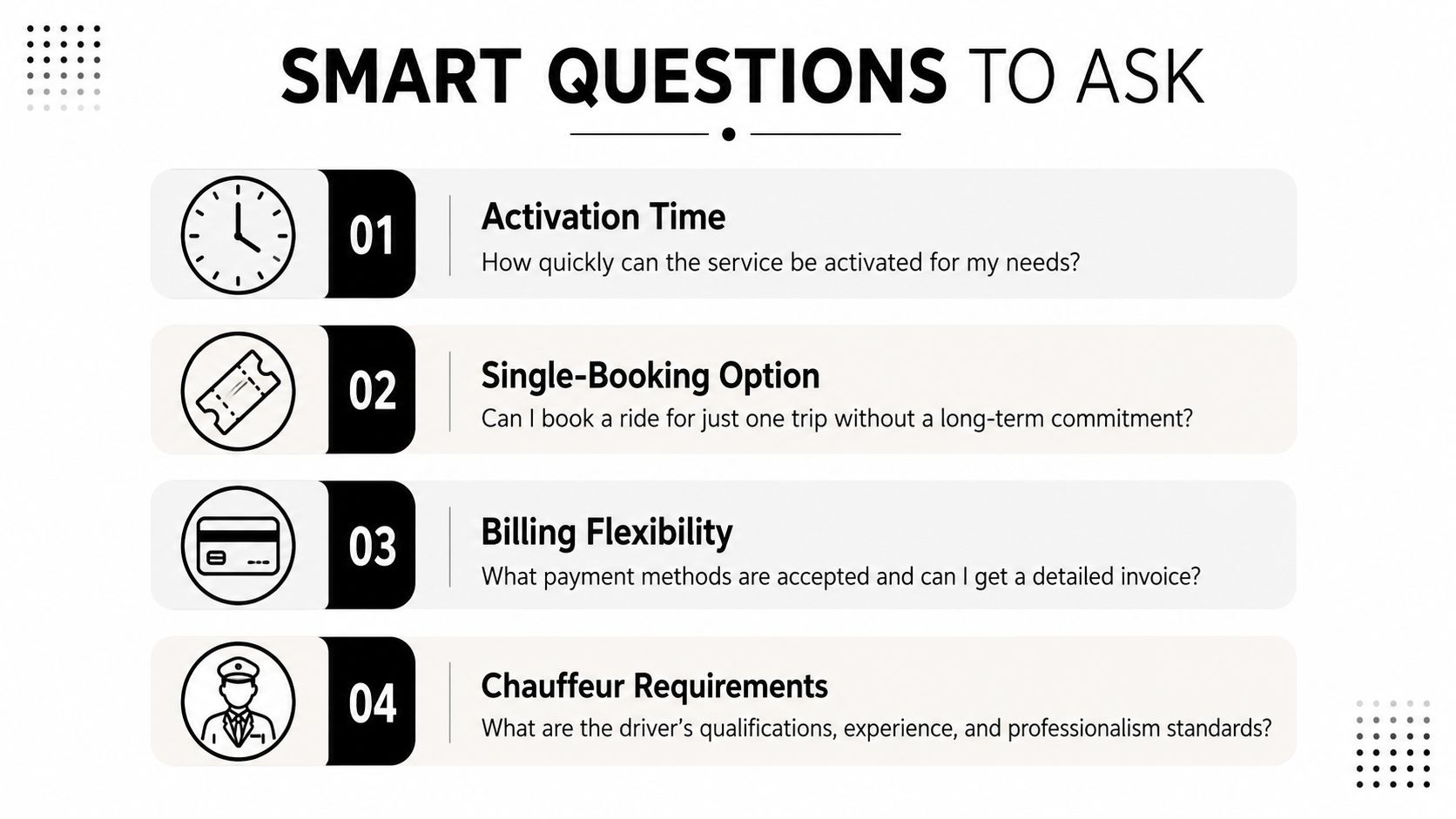 An infographic titled Smart Questions To Ask, listing four key inquiries regarding corporate transportation services.
