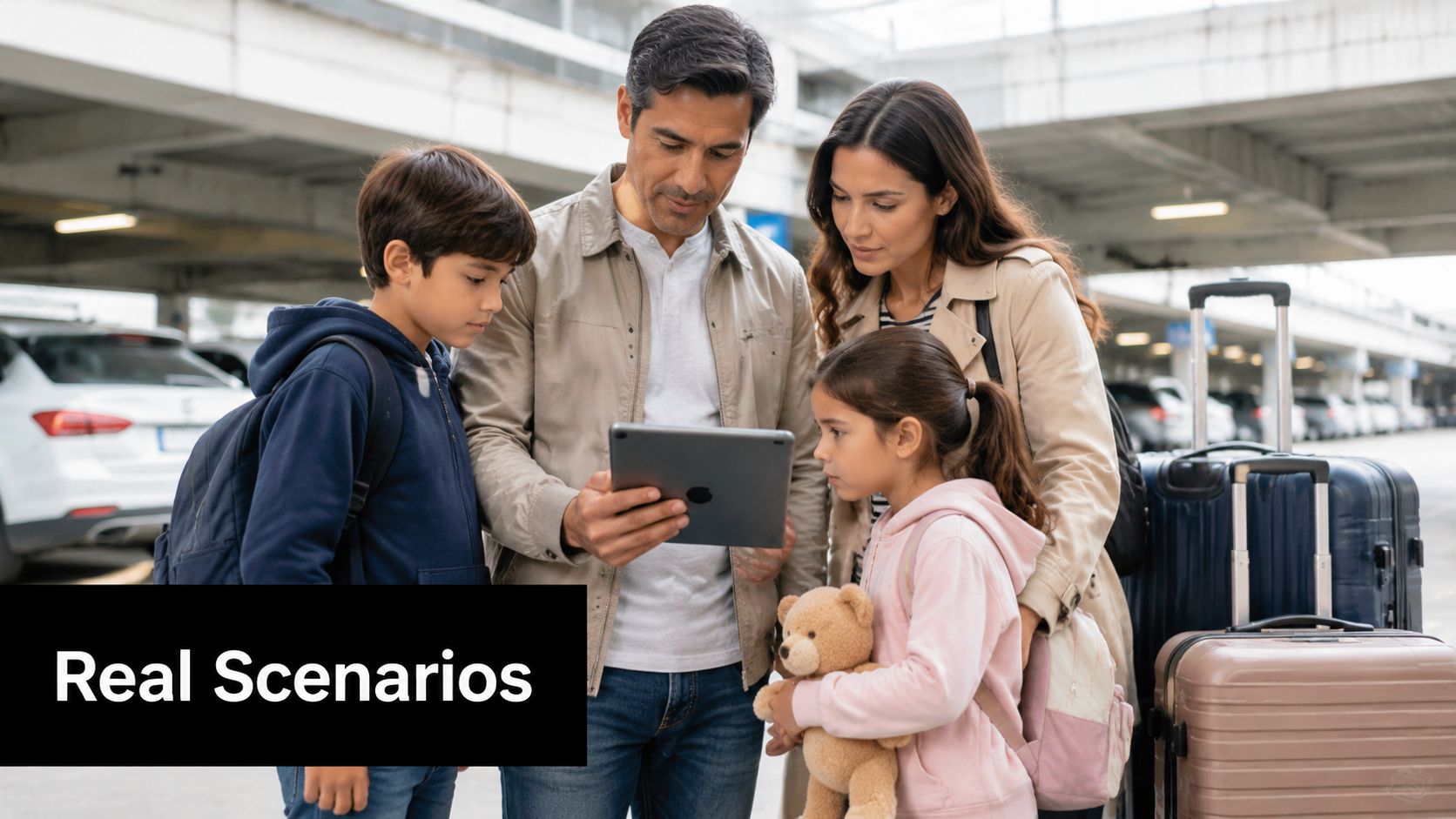 A family of four looking at a tablet together while standing in an airport parking garage.