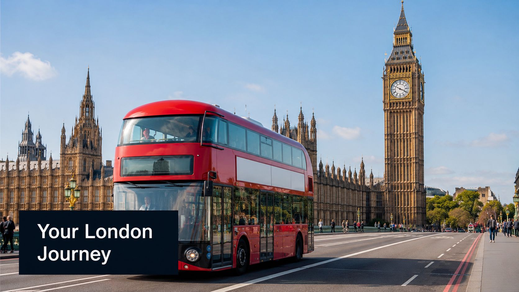 A classic red double-decker bus driving on a London street near the iconic Big Ben clock tower.