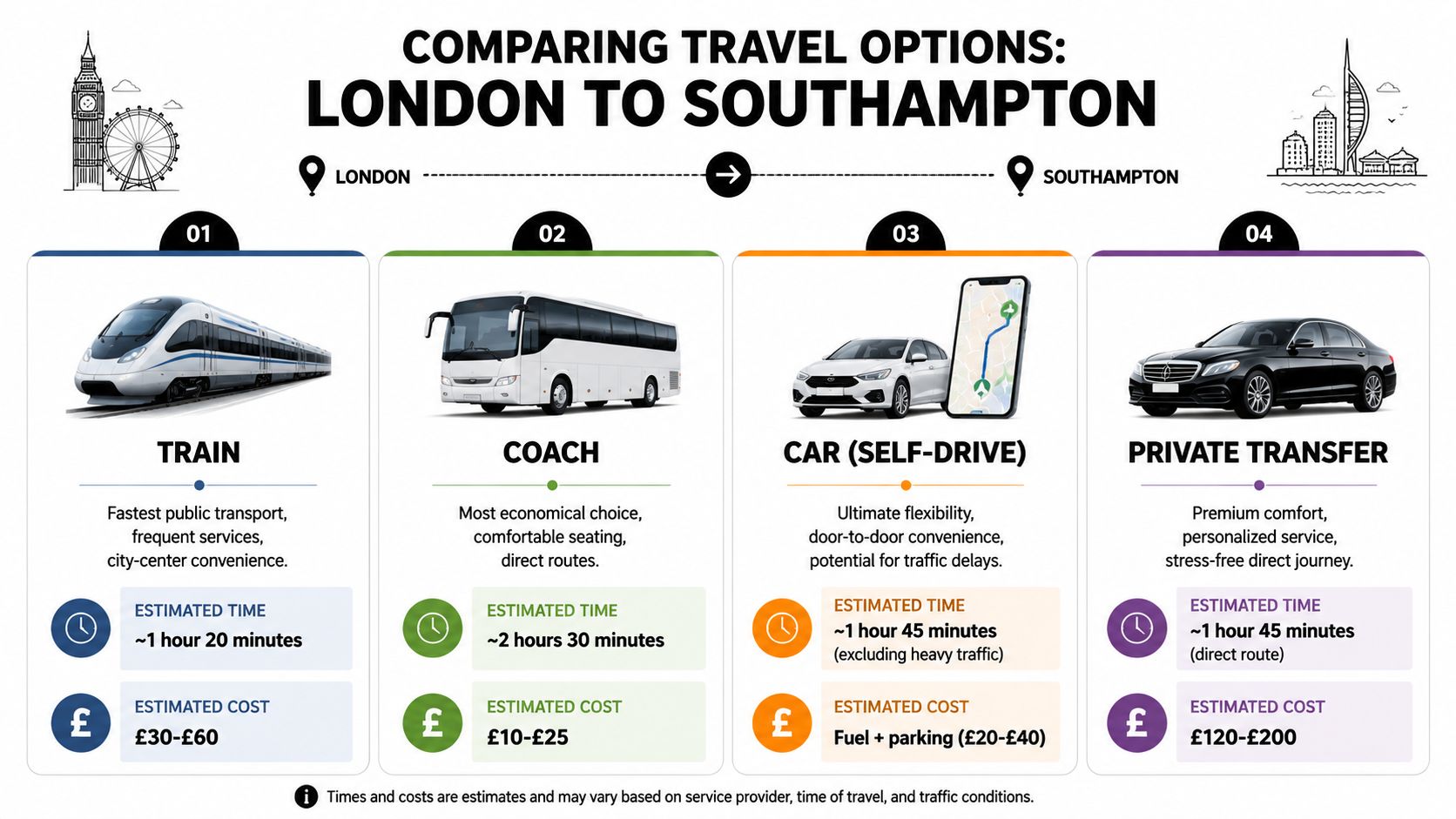 A comparison infographic detailing travel options between London and Southampton, including train, coach, car, and private transfer.