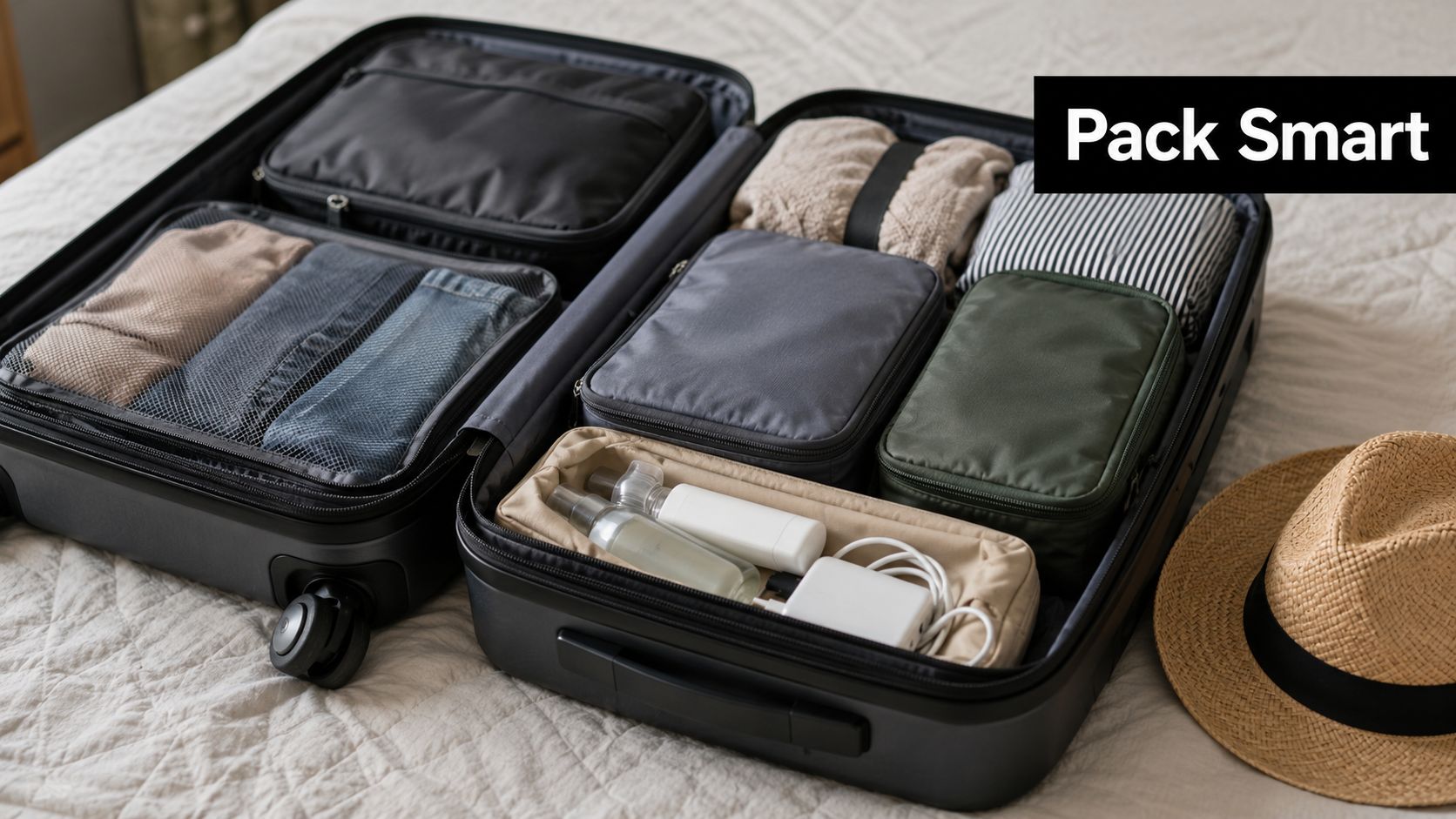 A suitcase packed neatly with organized packing cubes, toiletries, and clothing items, placed on a bed.
