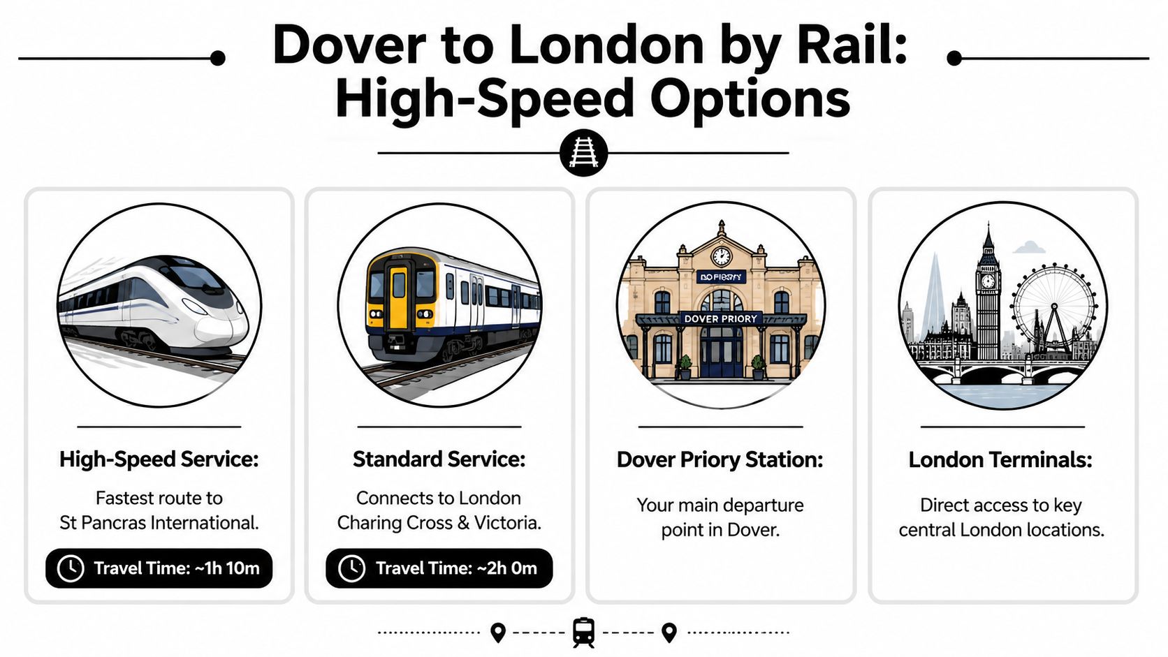 An infographic comparing high-speed and standard rail travel options from Dover to London, England.
